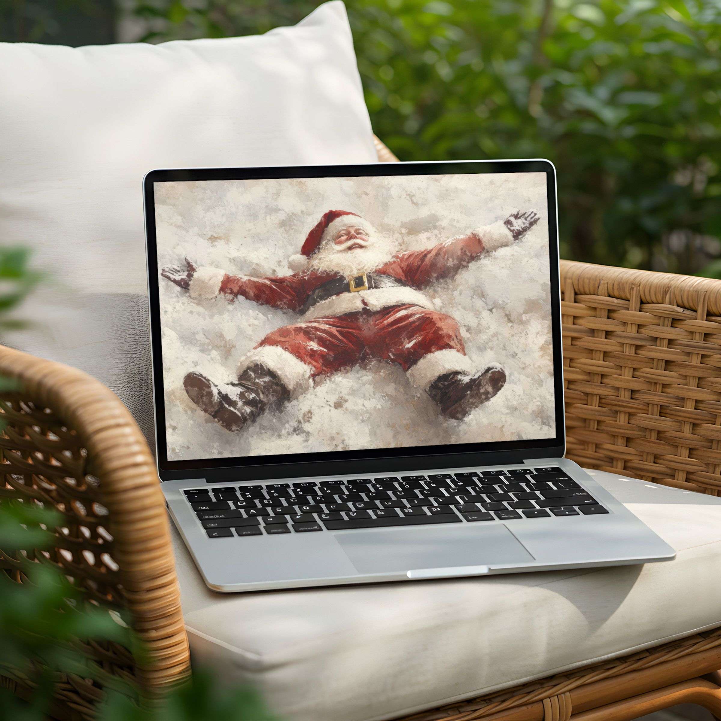 Santa's joyful snow angel painting brings festive calm to your PC laptop desktop background; instant download for serene inspiration