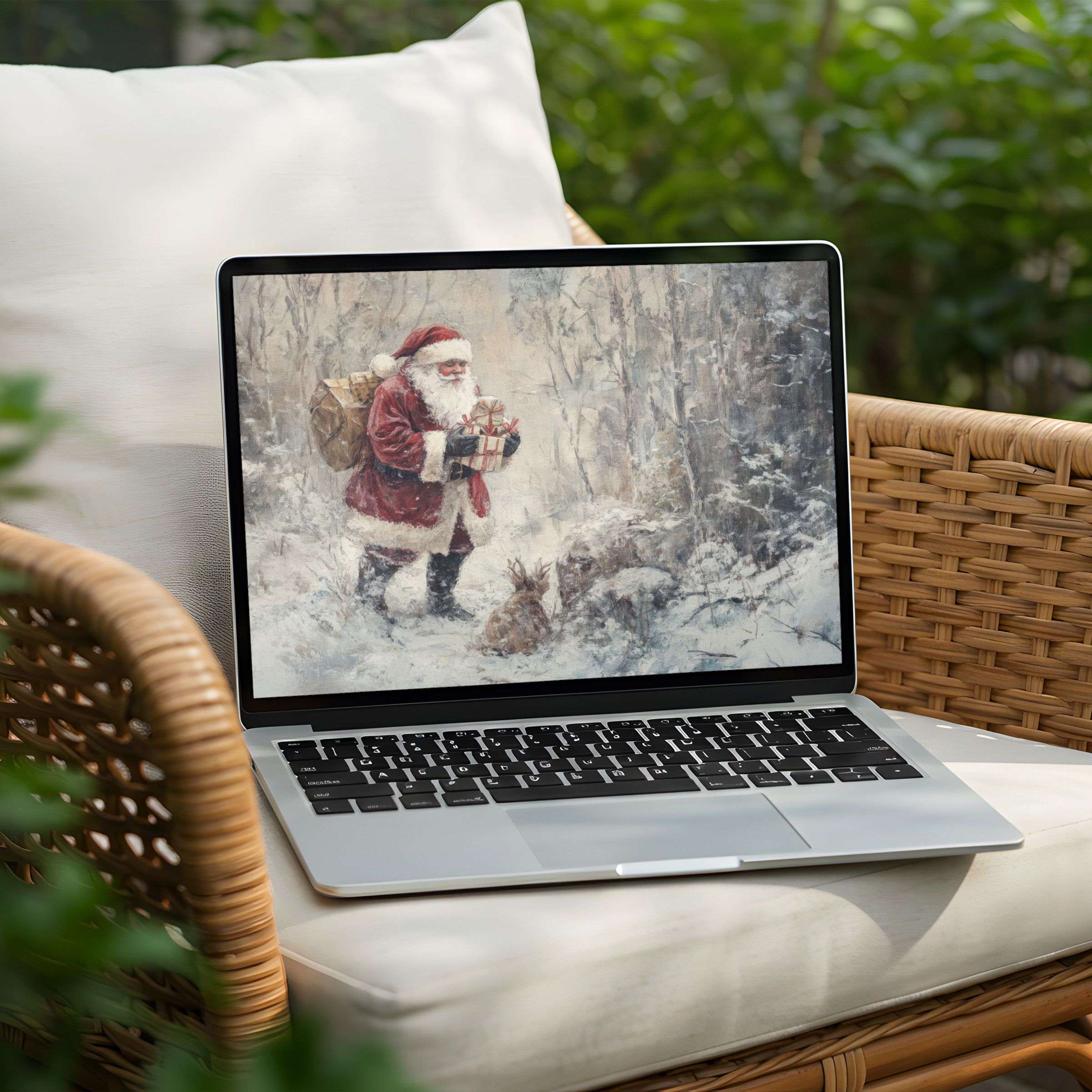 Inspirational winter desktop background featuring a serene Santa in snow, available for instant download on PC and Laptop