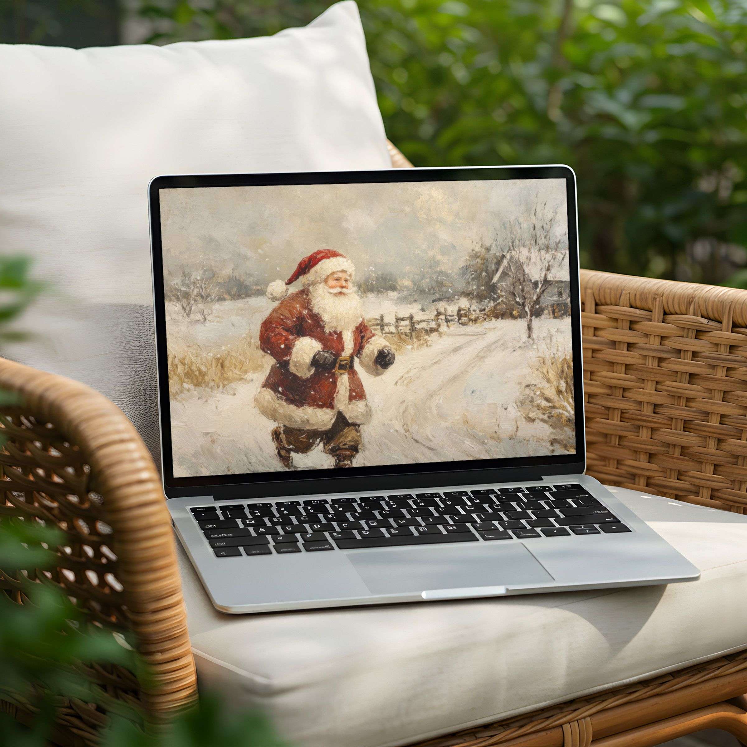 Vintage Santa desktop background for PC or Laptop instant download Inspiring calm with snowy charm elegant winter scenery