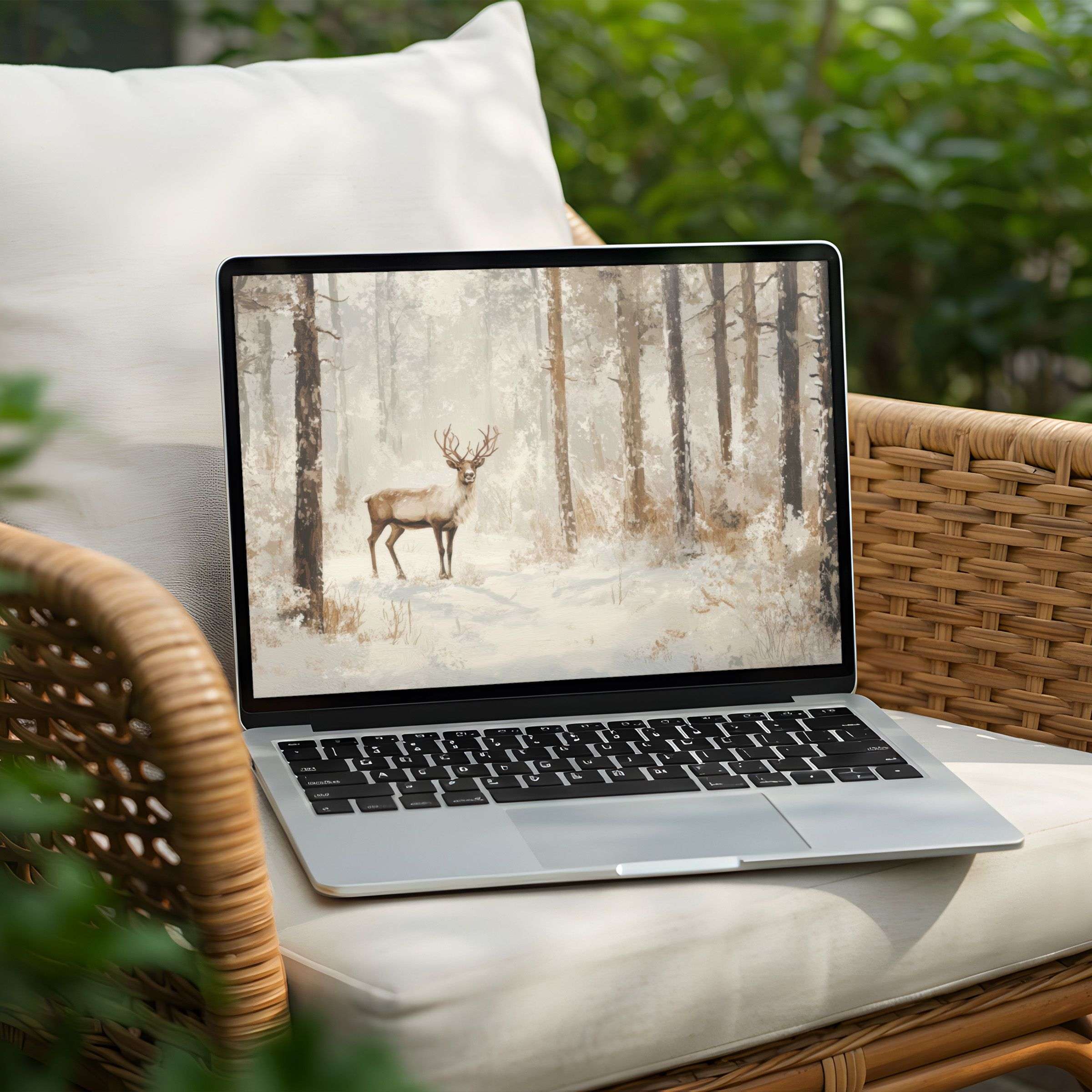 Calming woodland scene with a deer in winter, perfect as a desktop background for PC or Laptop, instant download for inspiration