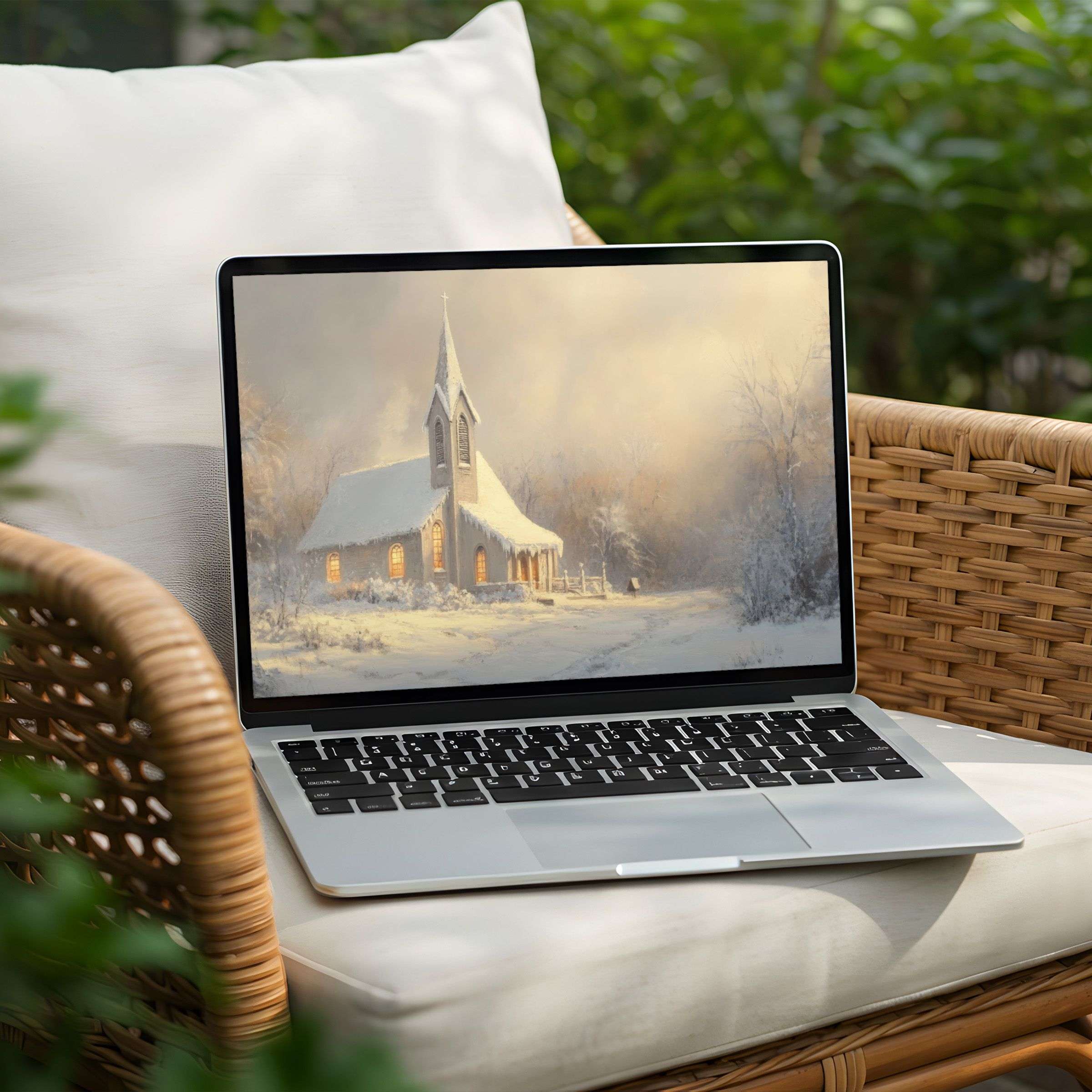 Download this serene winter church scene as an instant download desktop background for PC or Laptop to inspire calm elegance