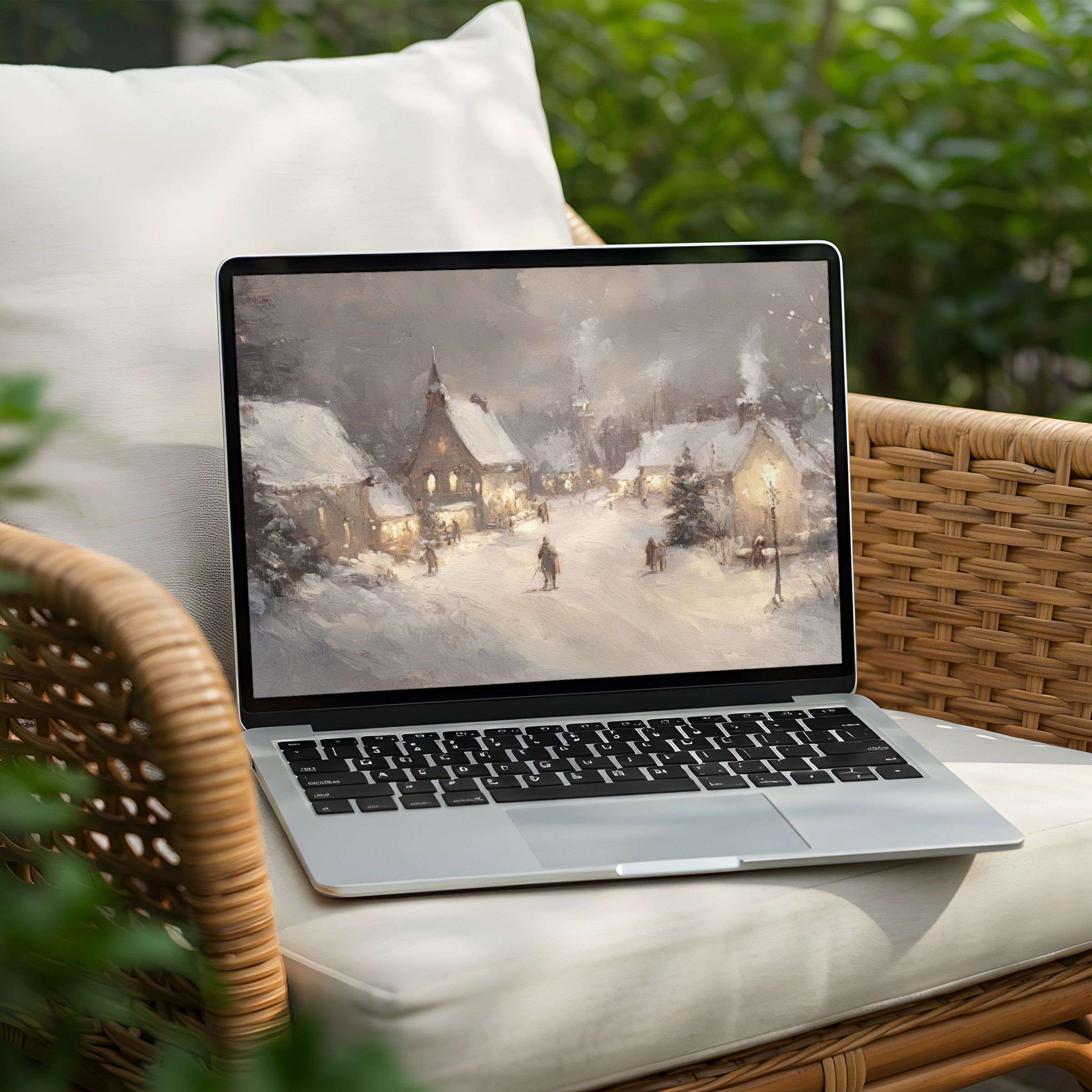 Elegant snowy village scene desktop background for PC or Laptop offers instant download for calm, inspiring ambiance