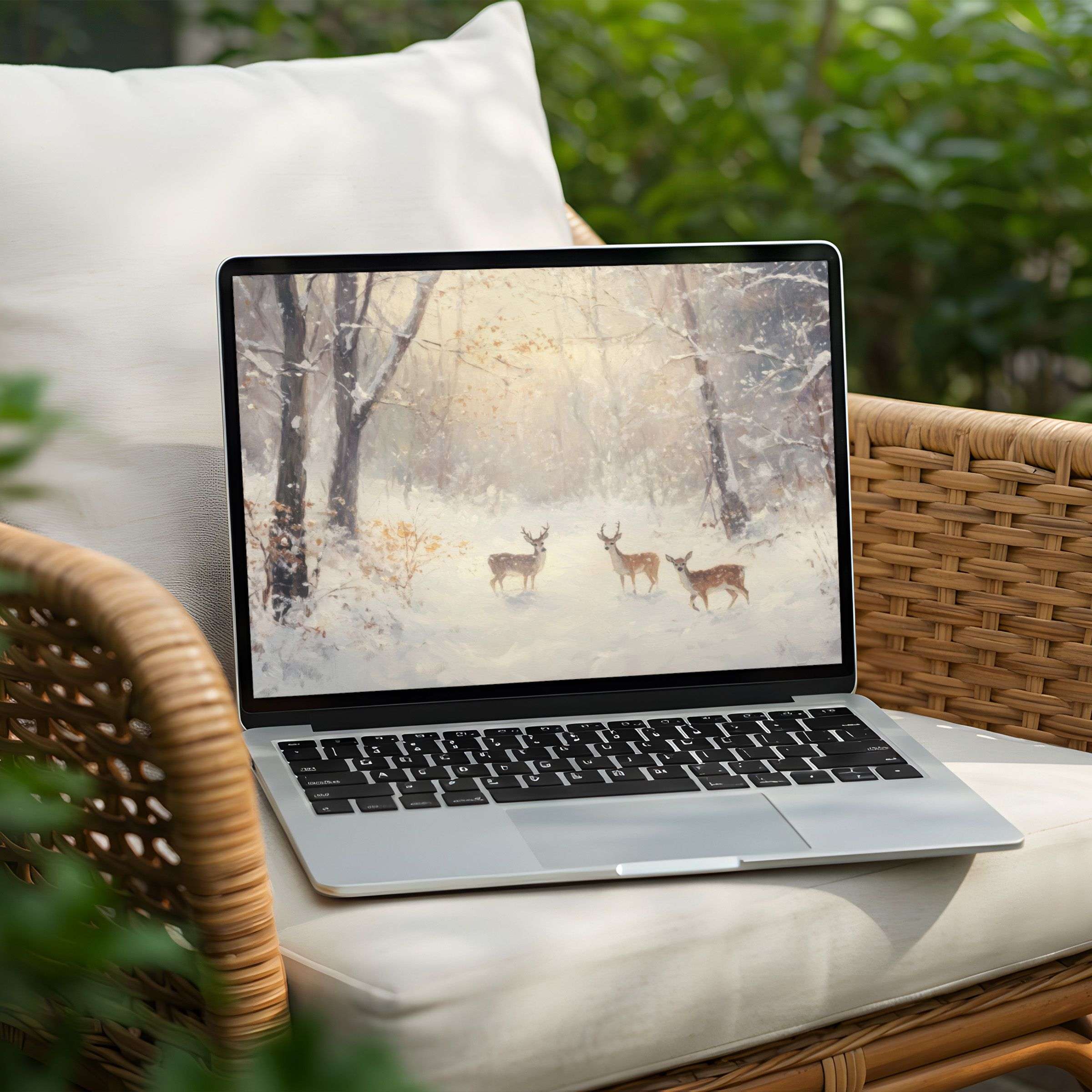 Tranquil snowy forest scene with deer on a Laptop or PC desktop background for instant download inspires calm elegance