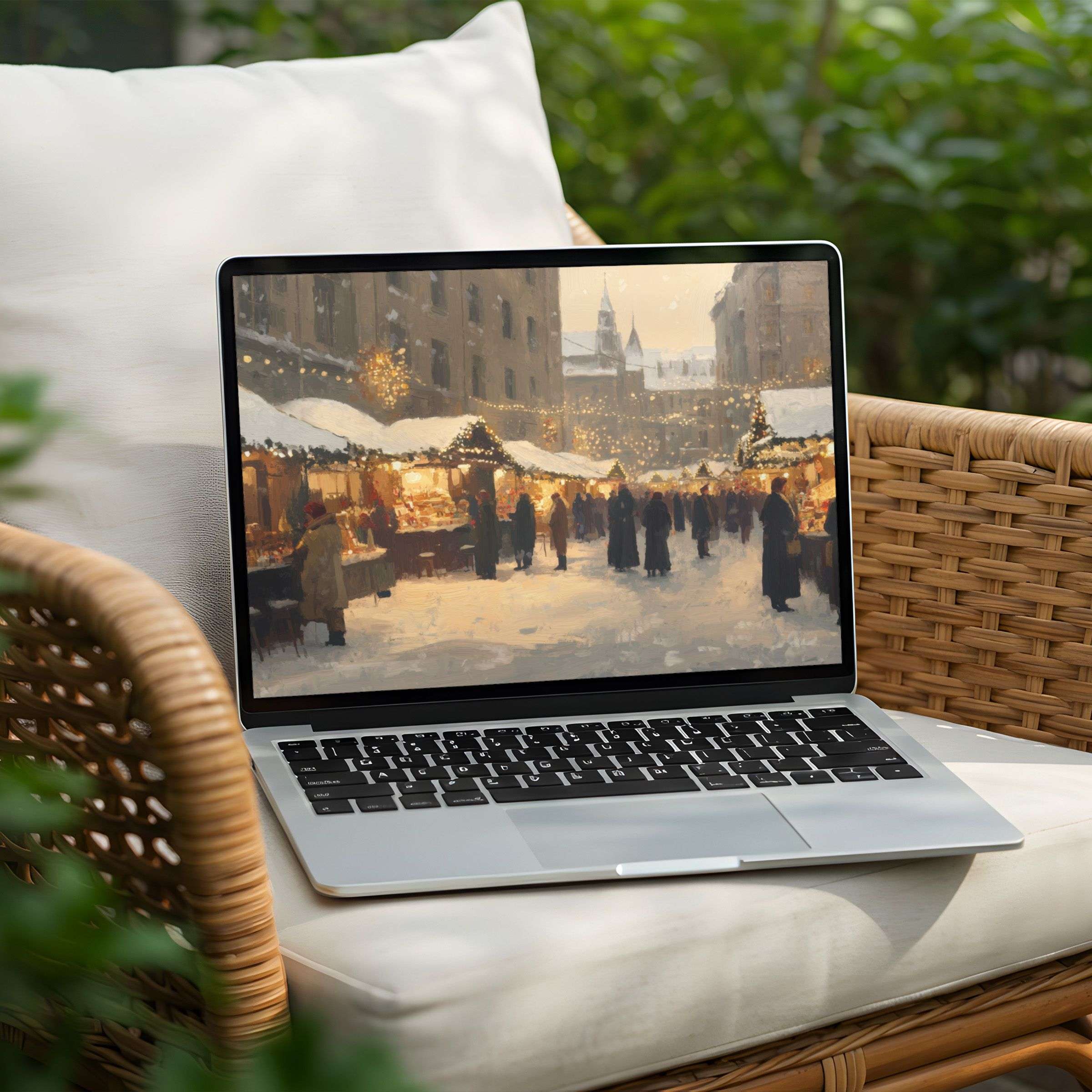 Elegant desktop background showing a tranquil winter market scene, perfect for PC or Laptop instant download to inspire mindfulness
