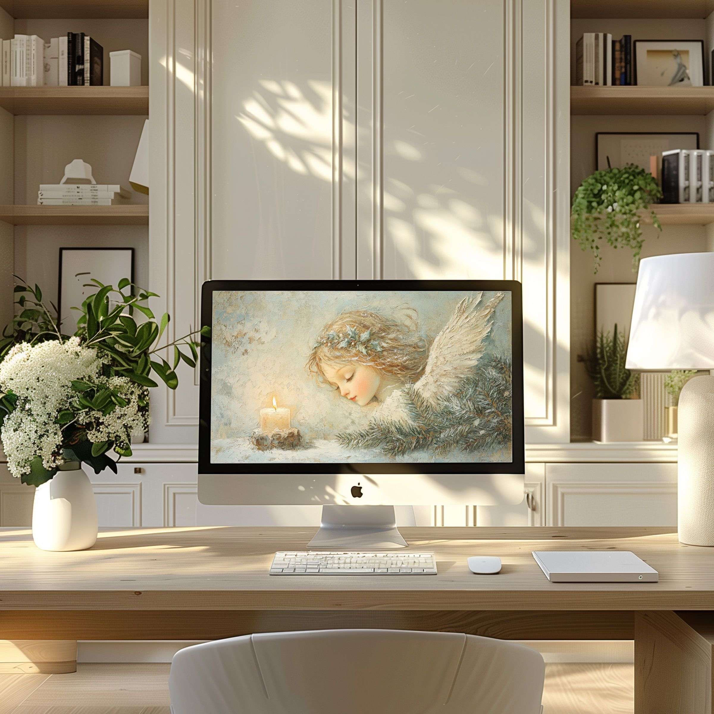 Calm and elegant angelic digital art for PC and laptop wallpaper; perfect for a modern home office, inspiring tranquility