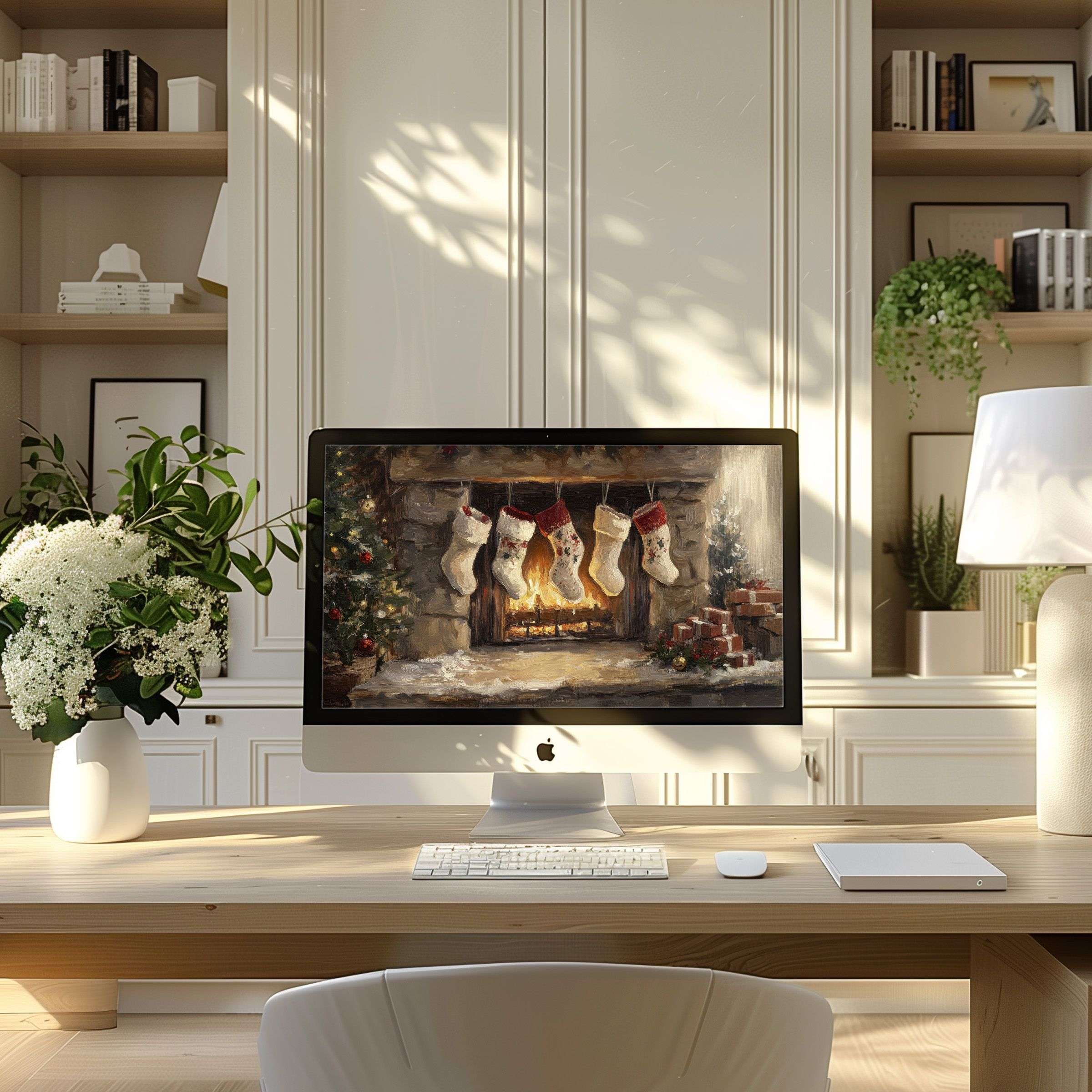 Luxurious fireplace scene digital art wallpaper for computer enhances any modern PC or laptop setup with calm and elegance