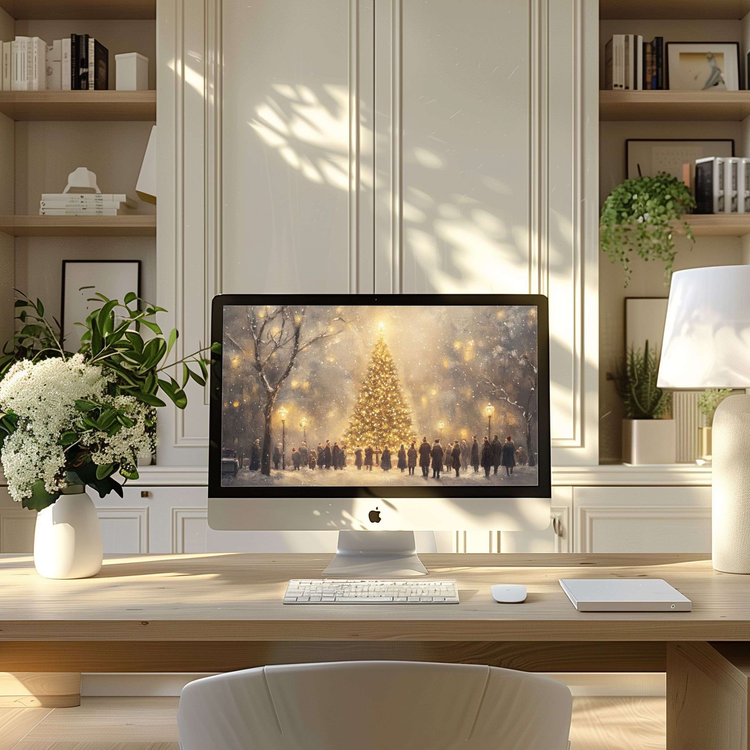 Elegant Christmas scene wallpaper for computer, inspiring calm and beauty, perfect for PC or laptop in a modern home office setting