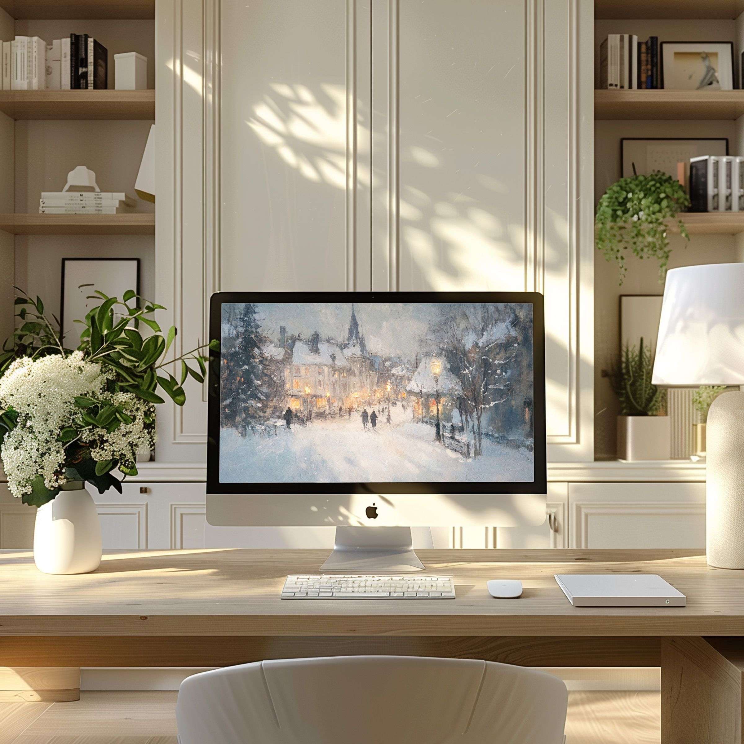 Snowy village scene wallpaper for computer adds calm elegance to PC or laptop in modern home office digital download