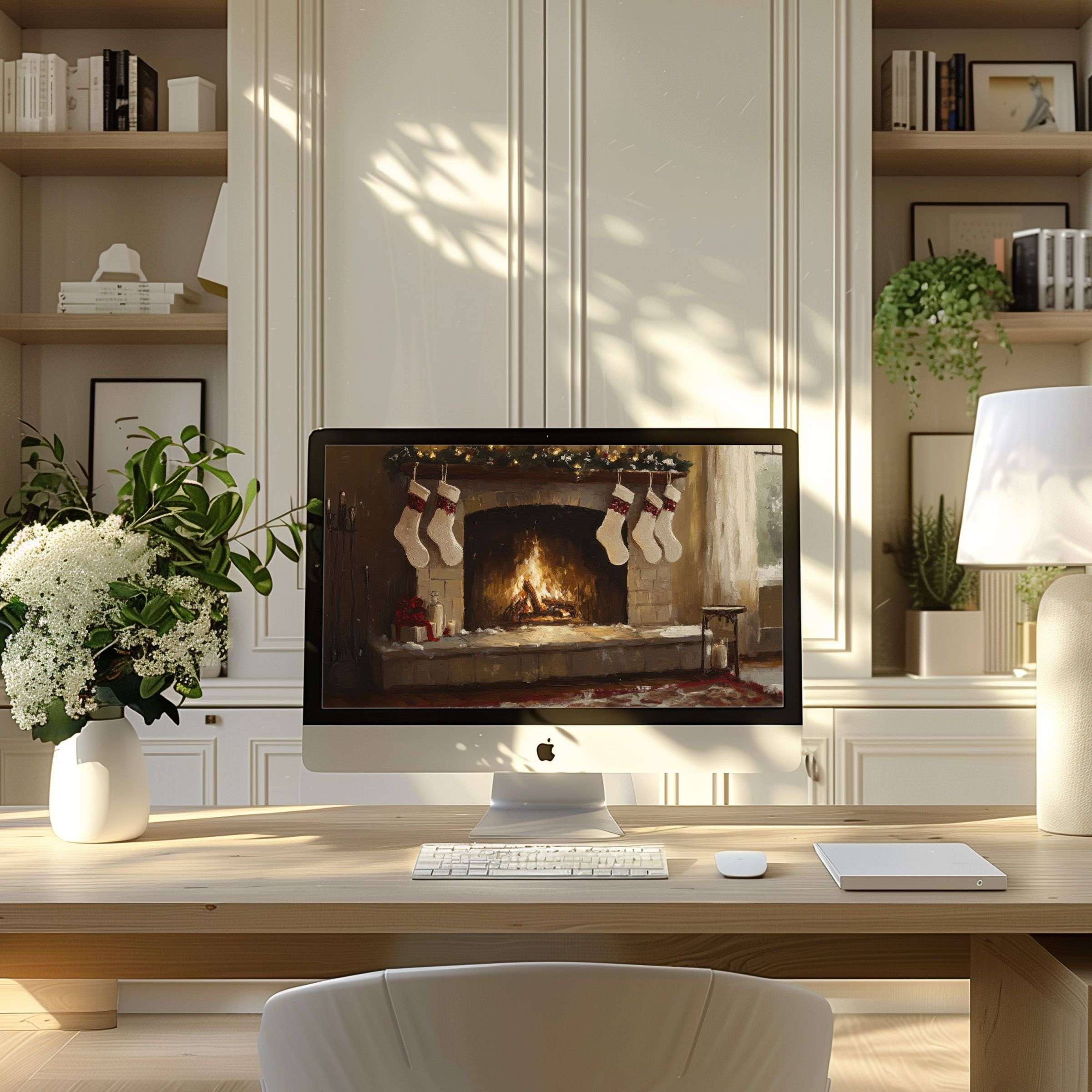 Elegant fireplace digital art turns your modern home office into a serene oasis; ideal wallpaper for computer, PC, laptop use