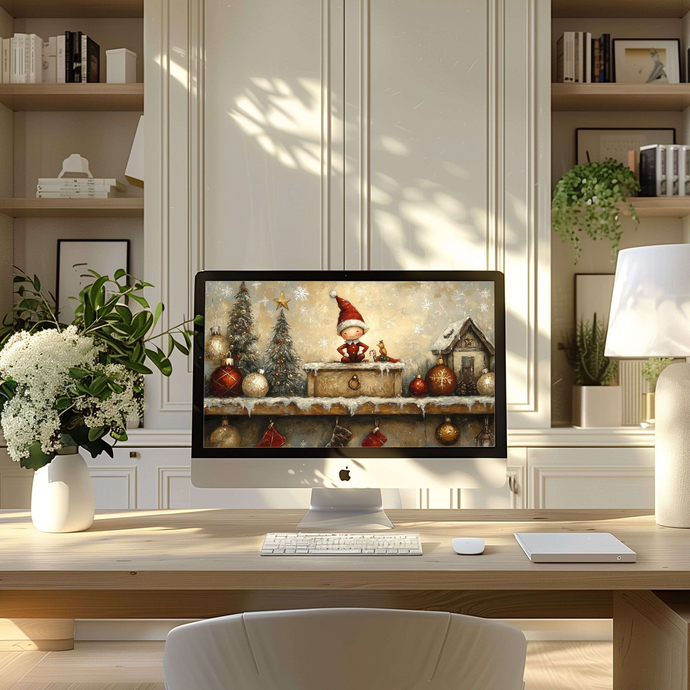 Elegant Christmas art wallpaper for computer blending seamlessly in modern home office inspiring calm for PC and Laptop screens
