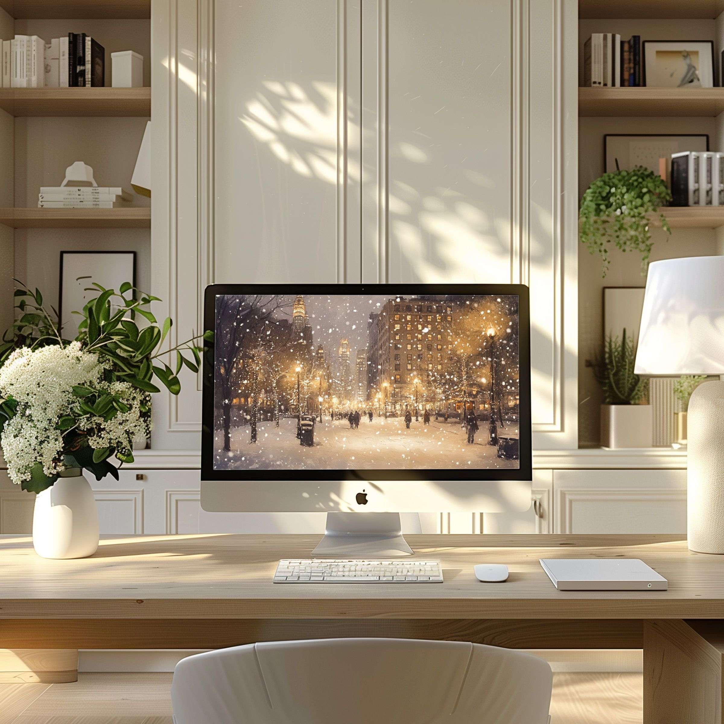 Snowy cityscape wallpaper for computer in modern home office inspires calm and elegance on PC, laptop, ultrawide screens