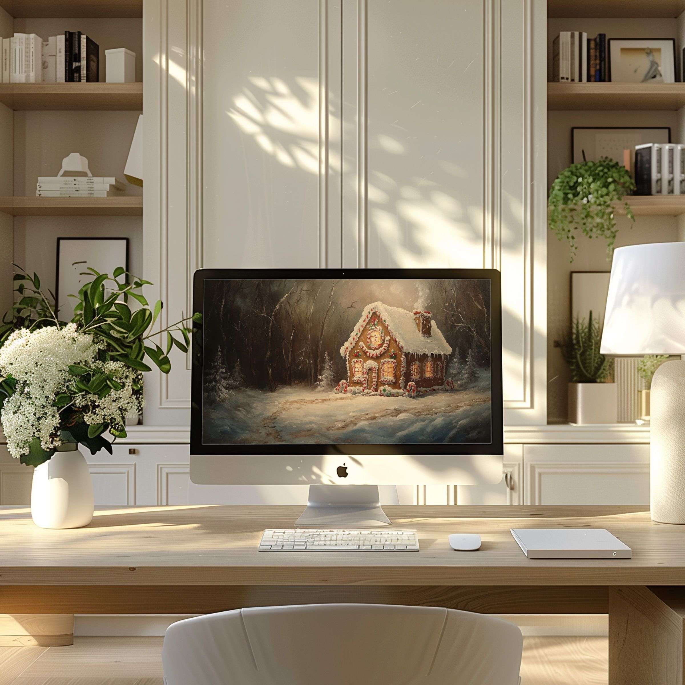 Gingerbread house digital art wallpaper for computer brings calm elegance to PC and laptop setups in modern home offices