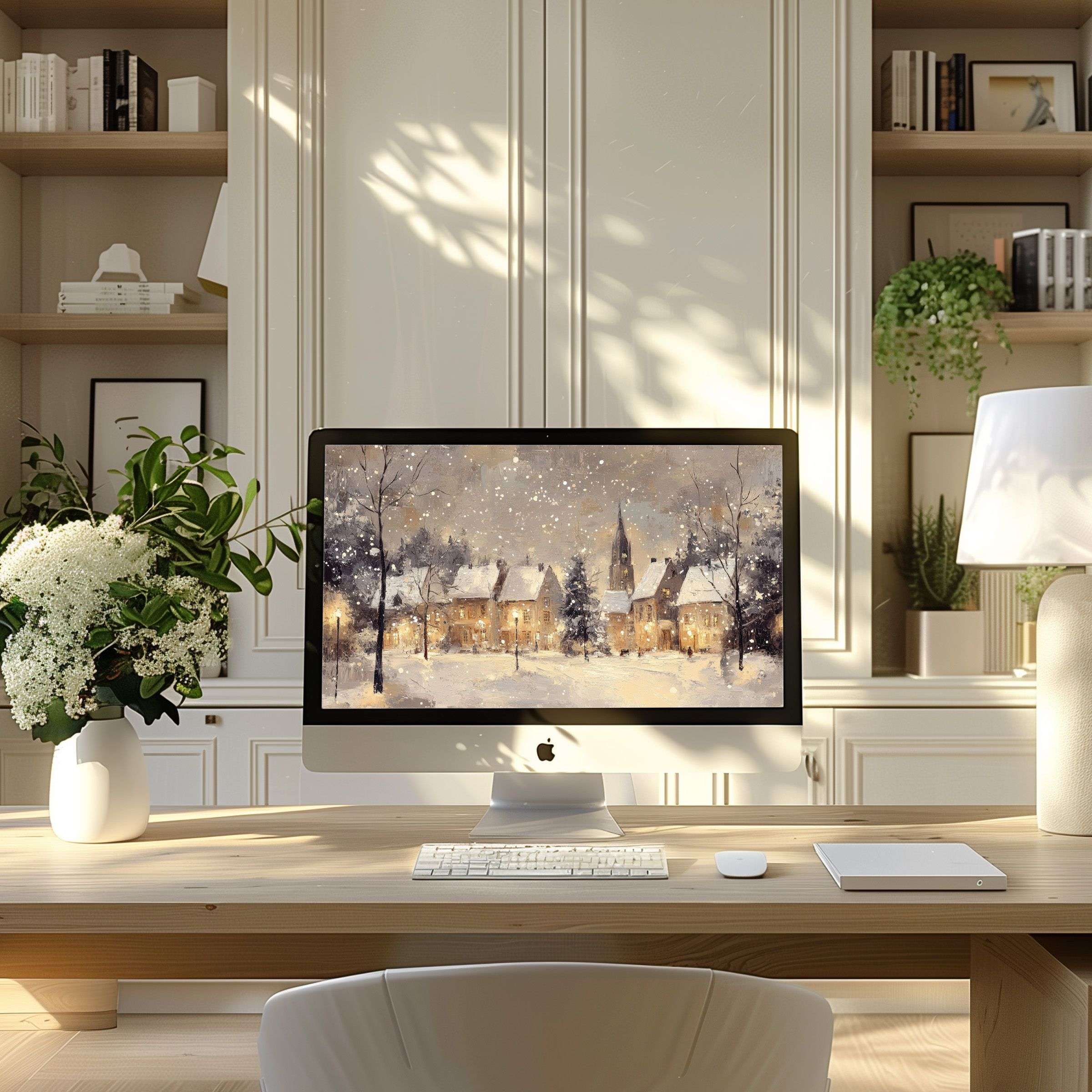 Snowy village digital art wallpaper for computer in a serene modern home office setting, perfect for PC or laptop download