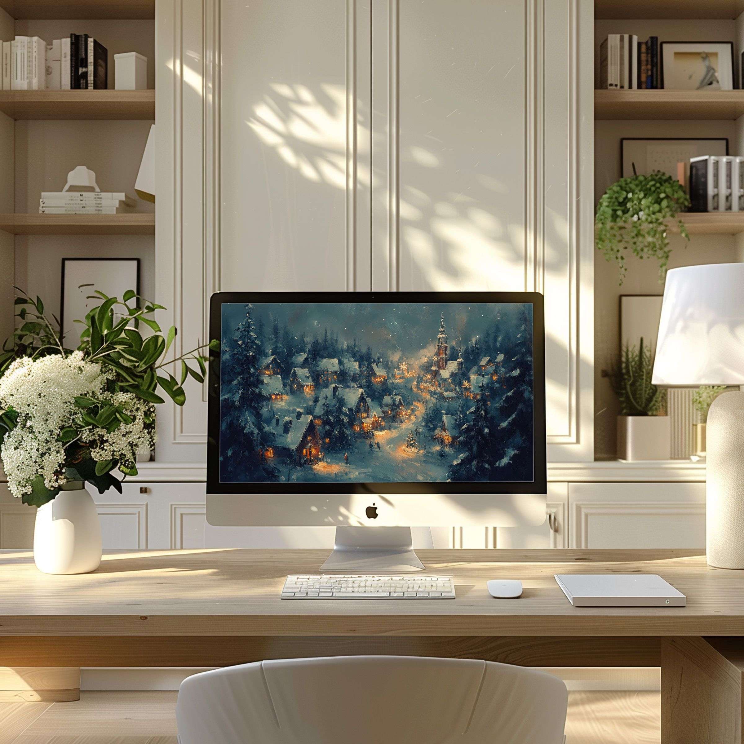 Elegant digital village scene wallpaper for computer brings calm inspiration to a modern home office PC or Laptop setting