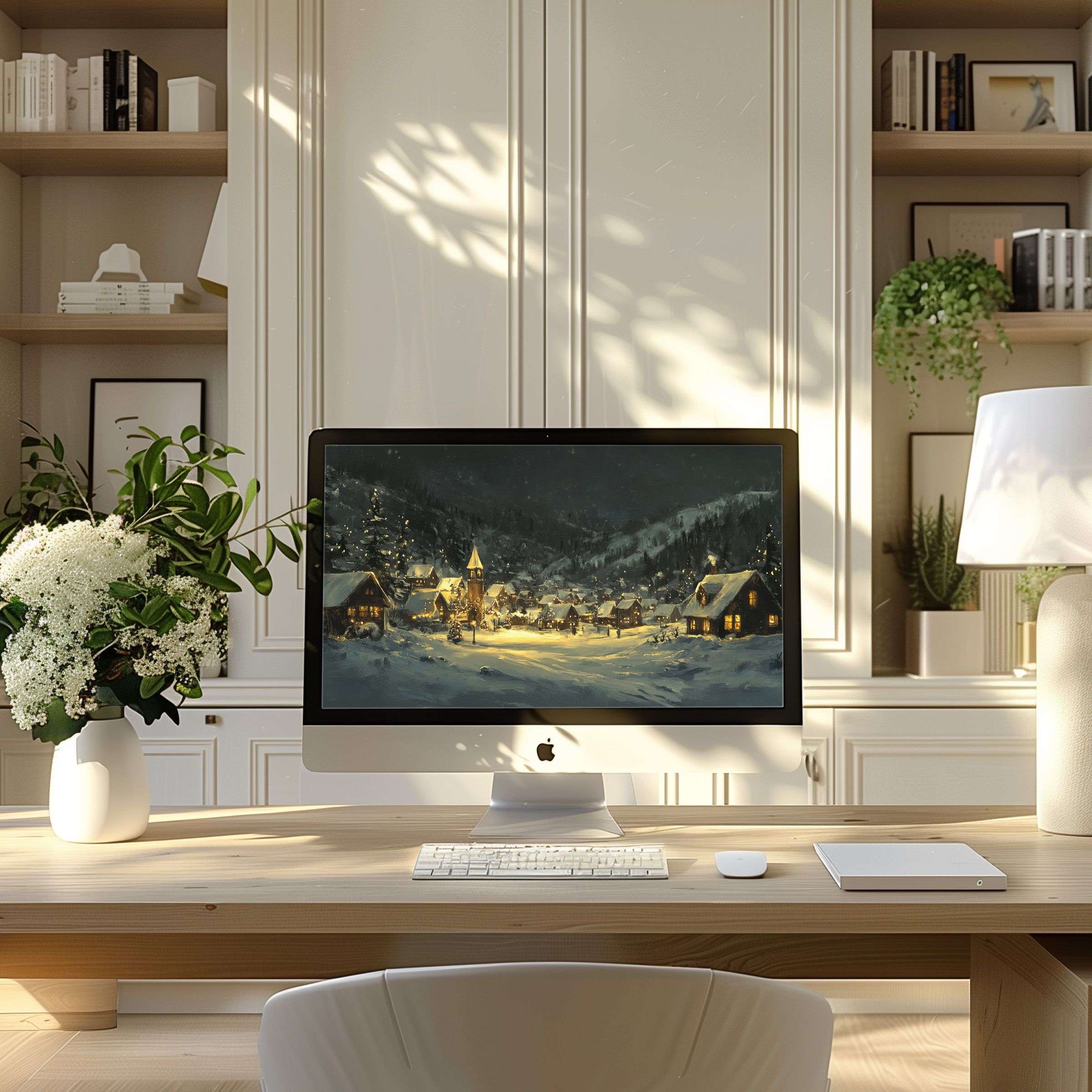 Elegant winter village digital art wallpaper for computer brings calm and inspiration to your PC and Laptop in a modern home office