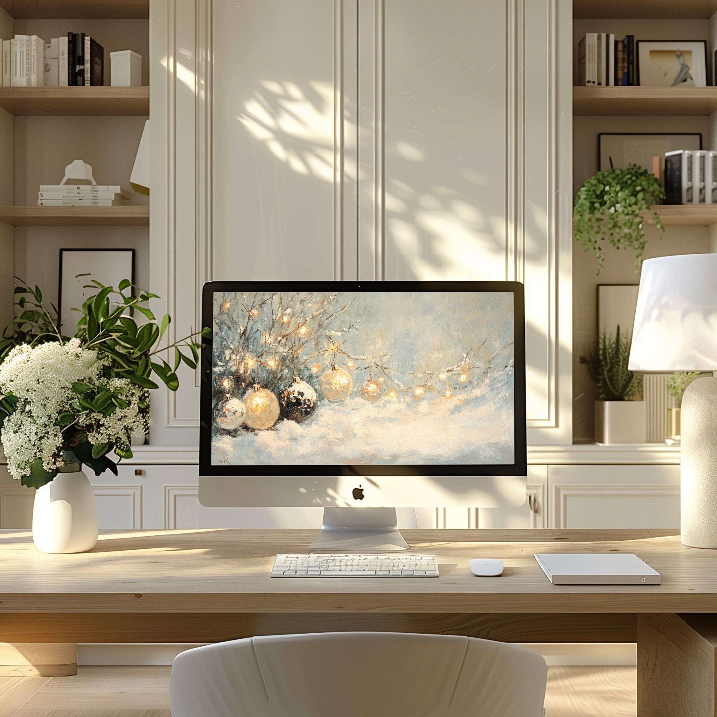 Elegant winter-themed digital art as wallpaper for computer, perfect for PC and laptop in a calm, modern home office setup