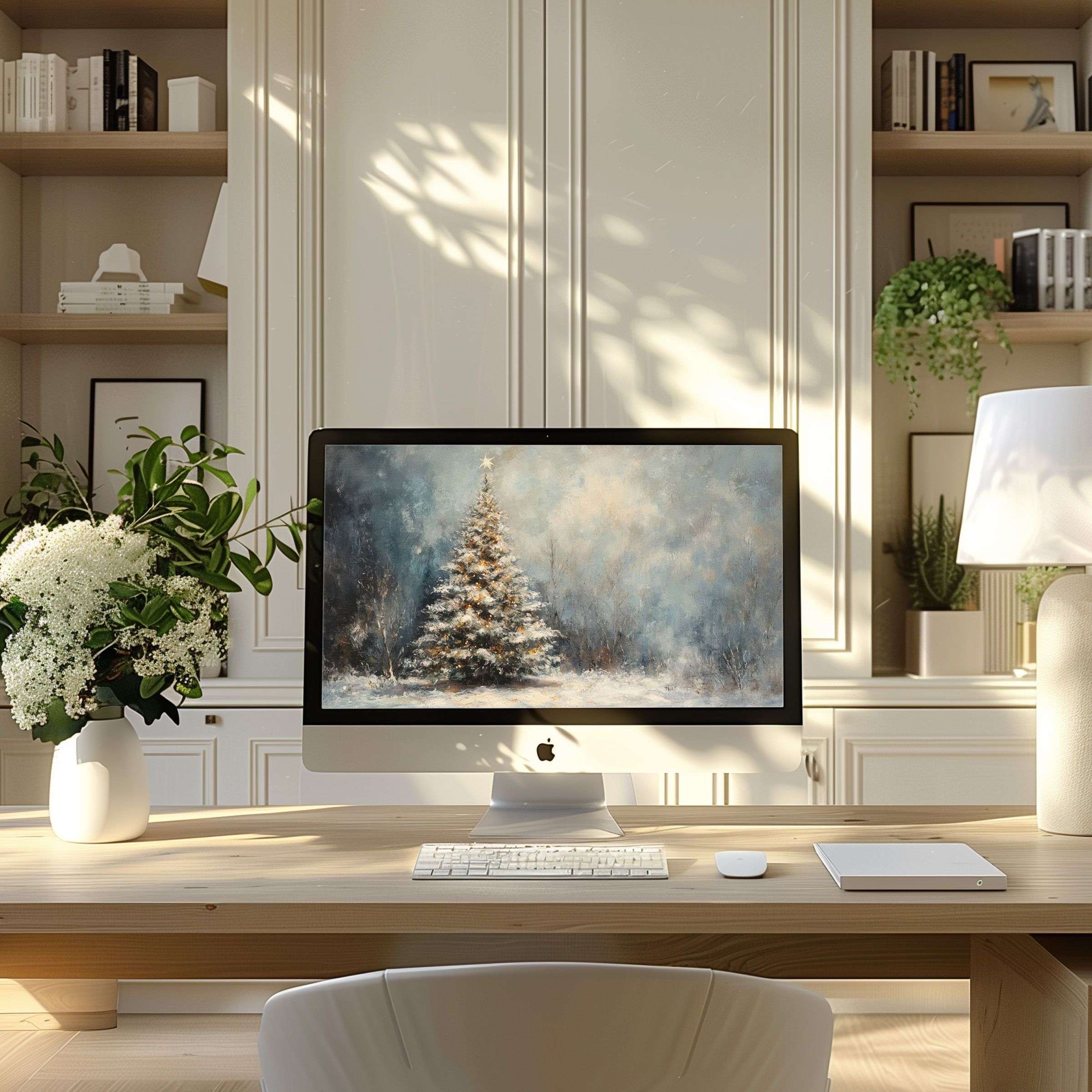 Luxurious digital art depicting a serene Christmas tree, an ideal wallpaper for computer or laptop, elevating your modern office ambiance