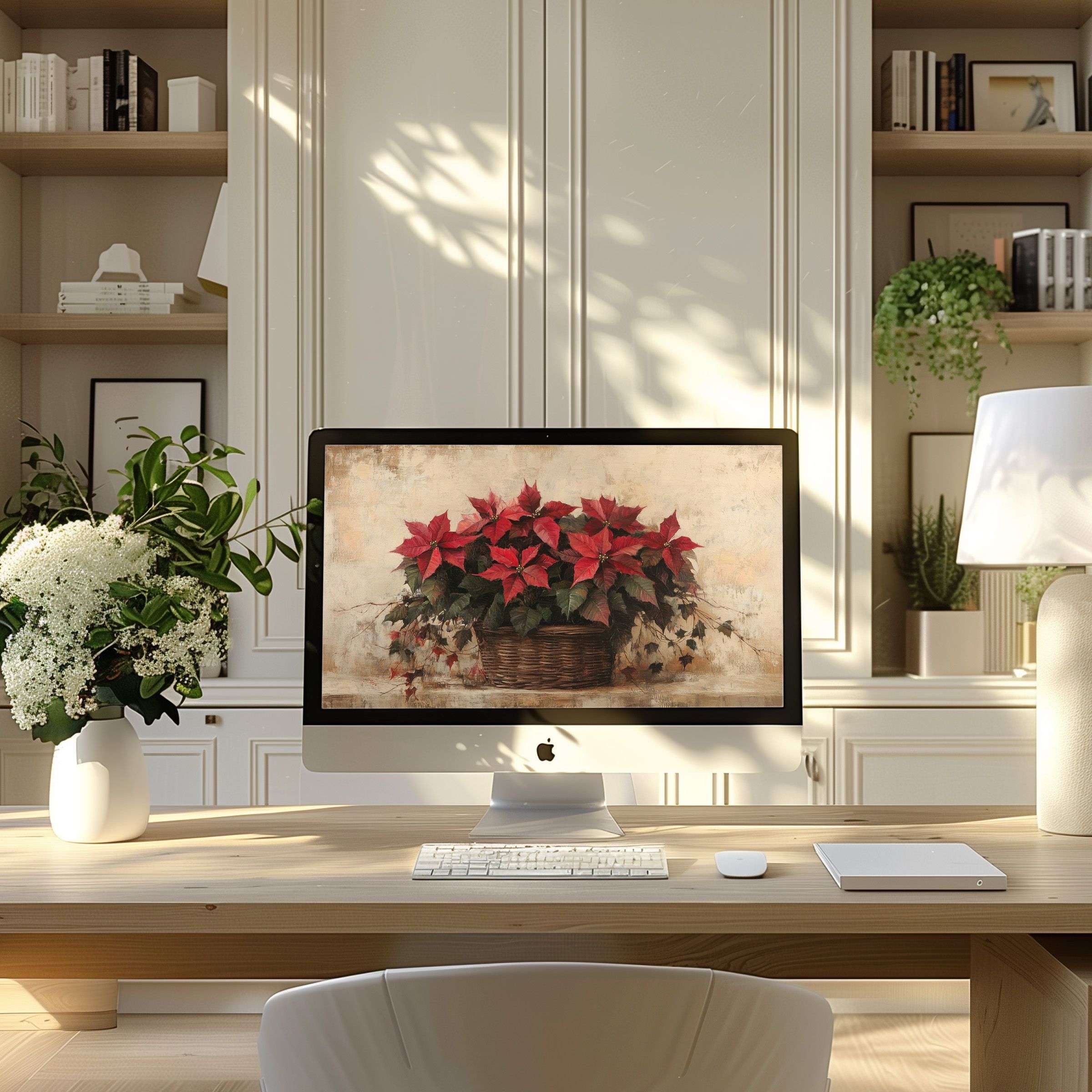 Elegant floral wallpaper for computer enhances PC or Laptop screens, inspiring calm in a modern, sustainable home office setting