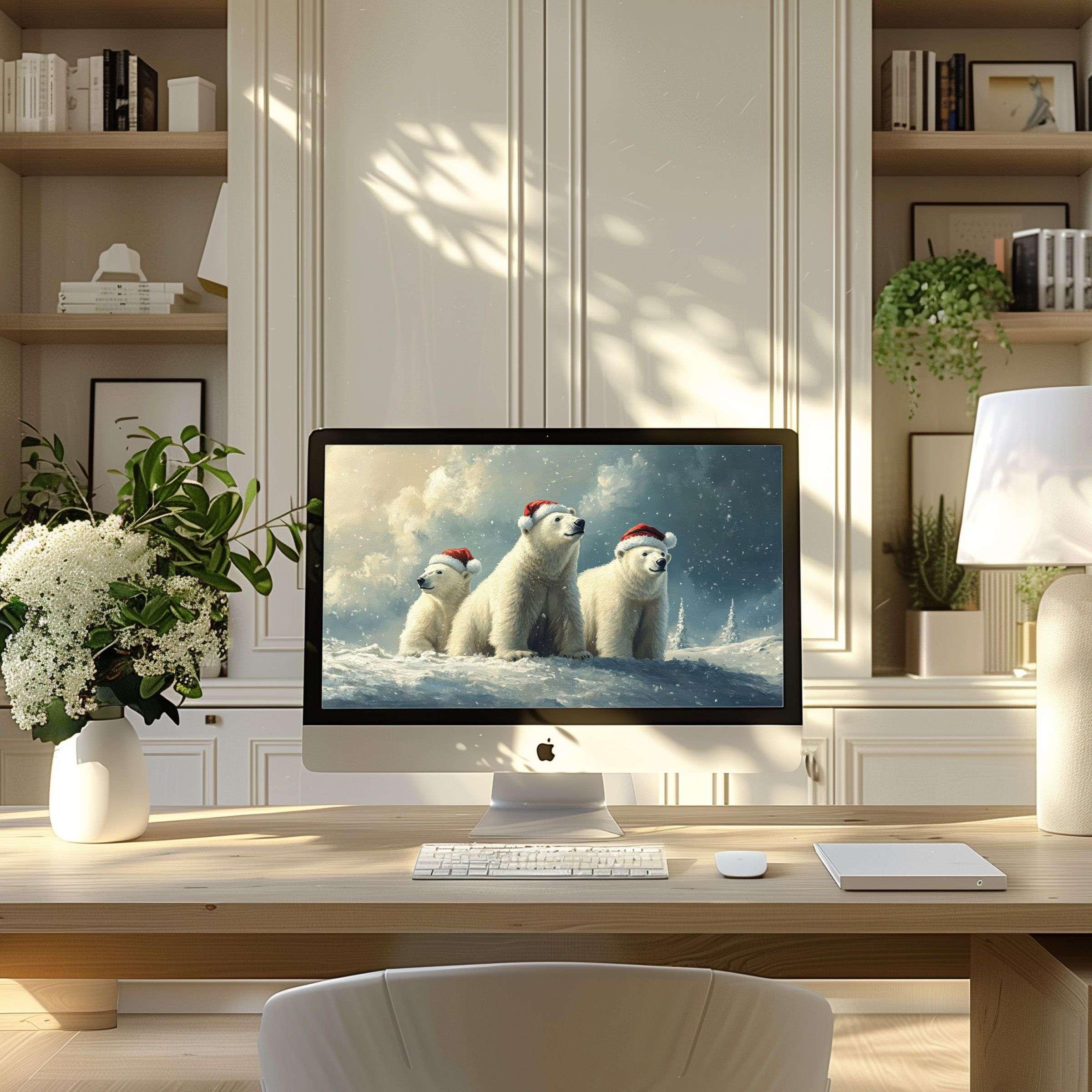 Inspire tranquility with elegant polar bears in snow as your wallpaper for computer ideal for PC or laptop digital download