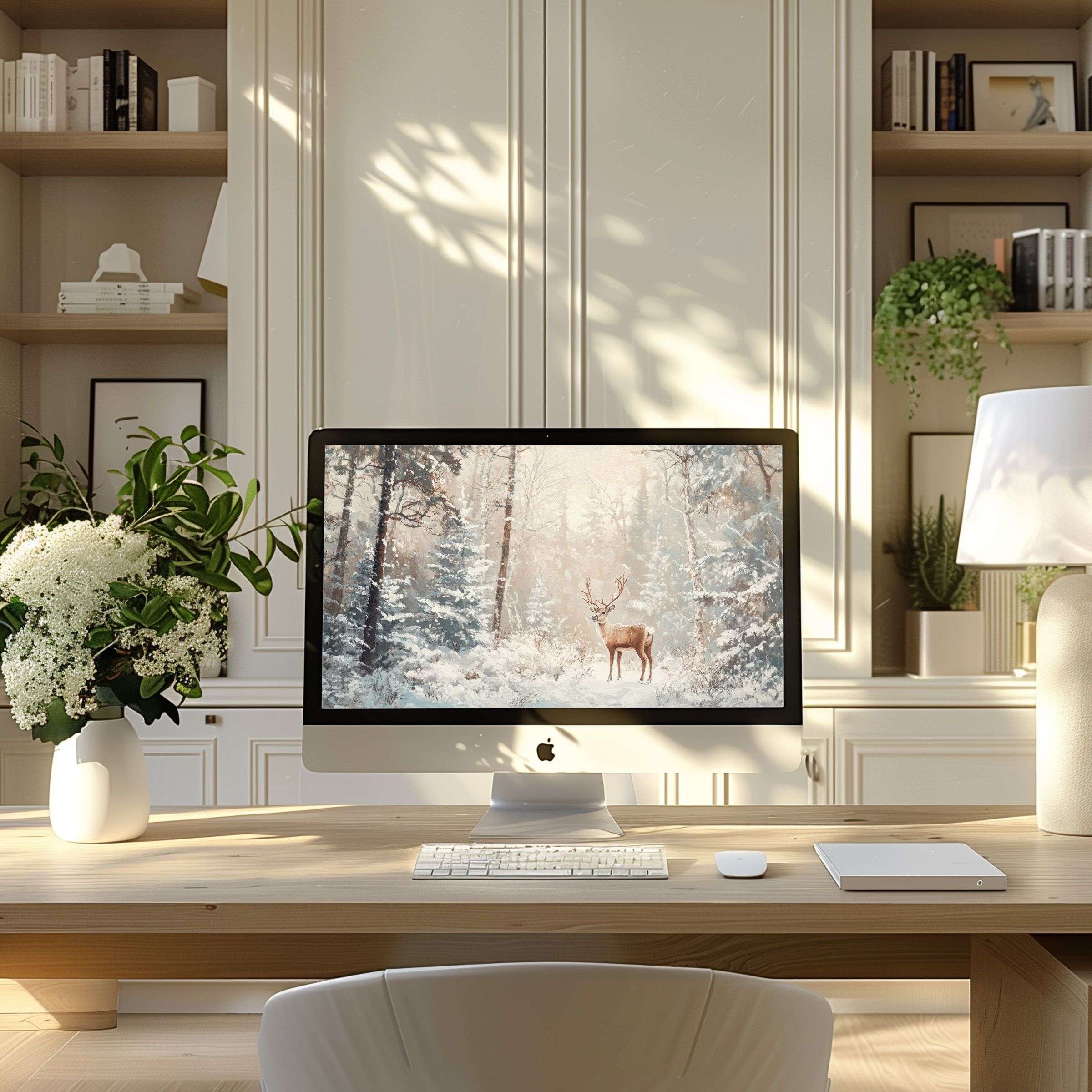Elegant wallpaper for computer with serene winter forest, ideal for PC and laptop fit, enhancing modern home office inspiration
