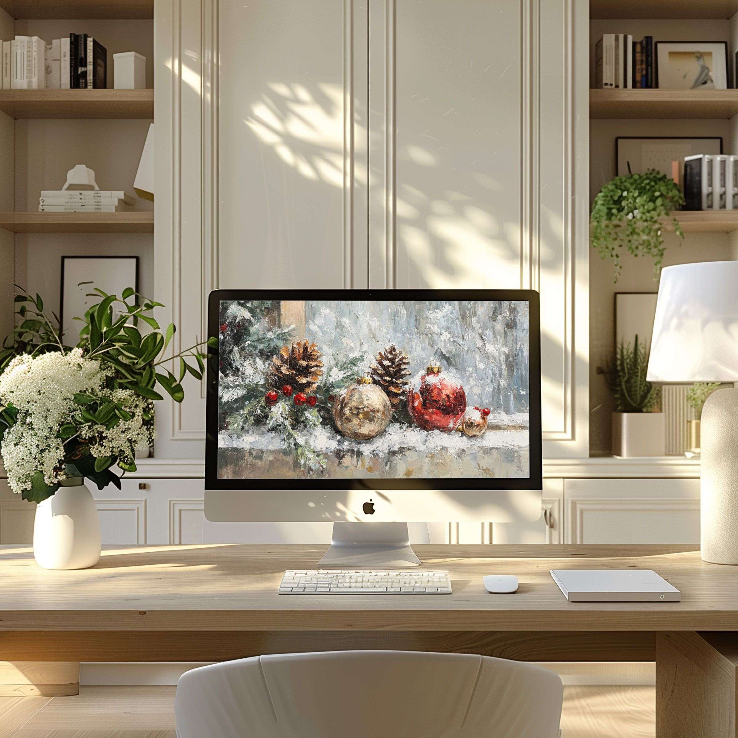 Calming winter motif wallpaper for computer brings elegance to modern home office, perfect for PC, laptop, ultra-wide displays