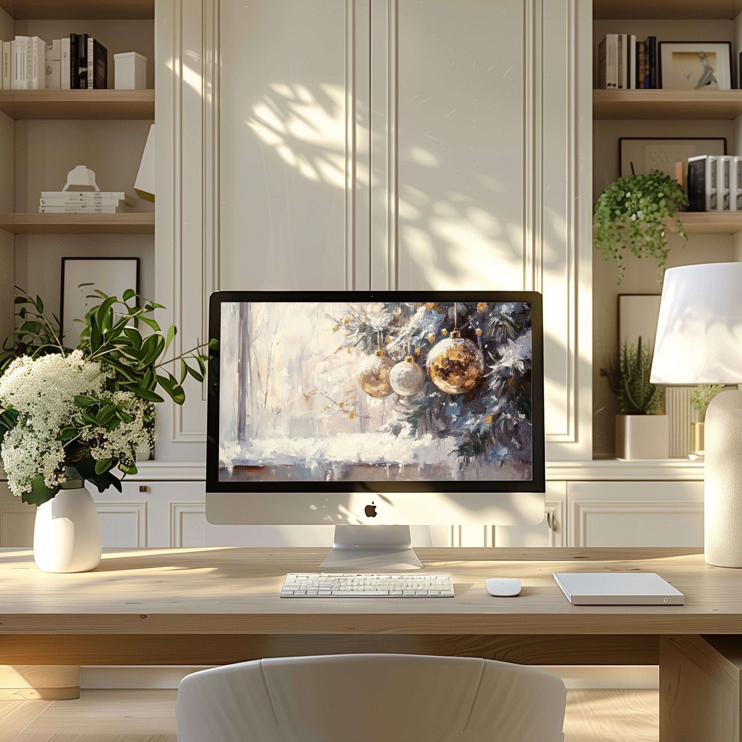 Elegant winter-themed wallpaper for computer inspires calm in a modern home office setting ideal for PC or laptop displays