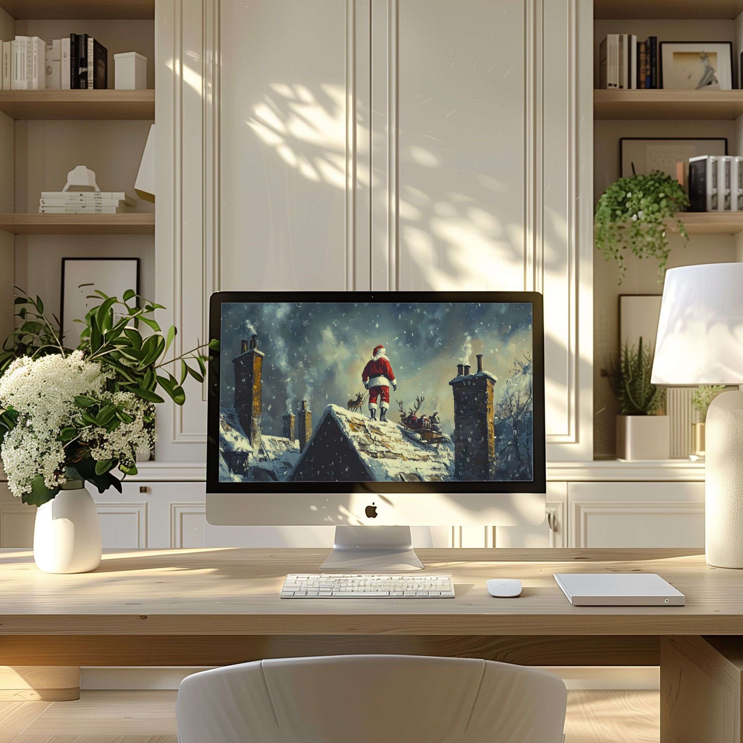 Calming digital art wallpaper for computer featuring snowy rooftop scene creates elegant inspiration for PC and laptop displays