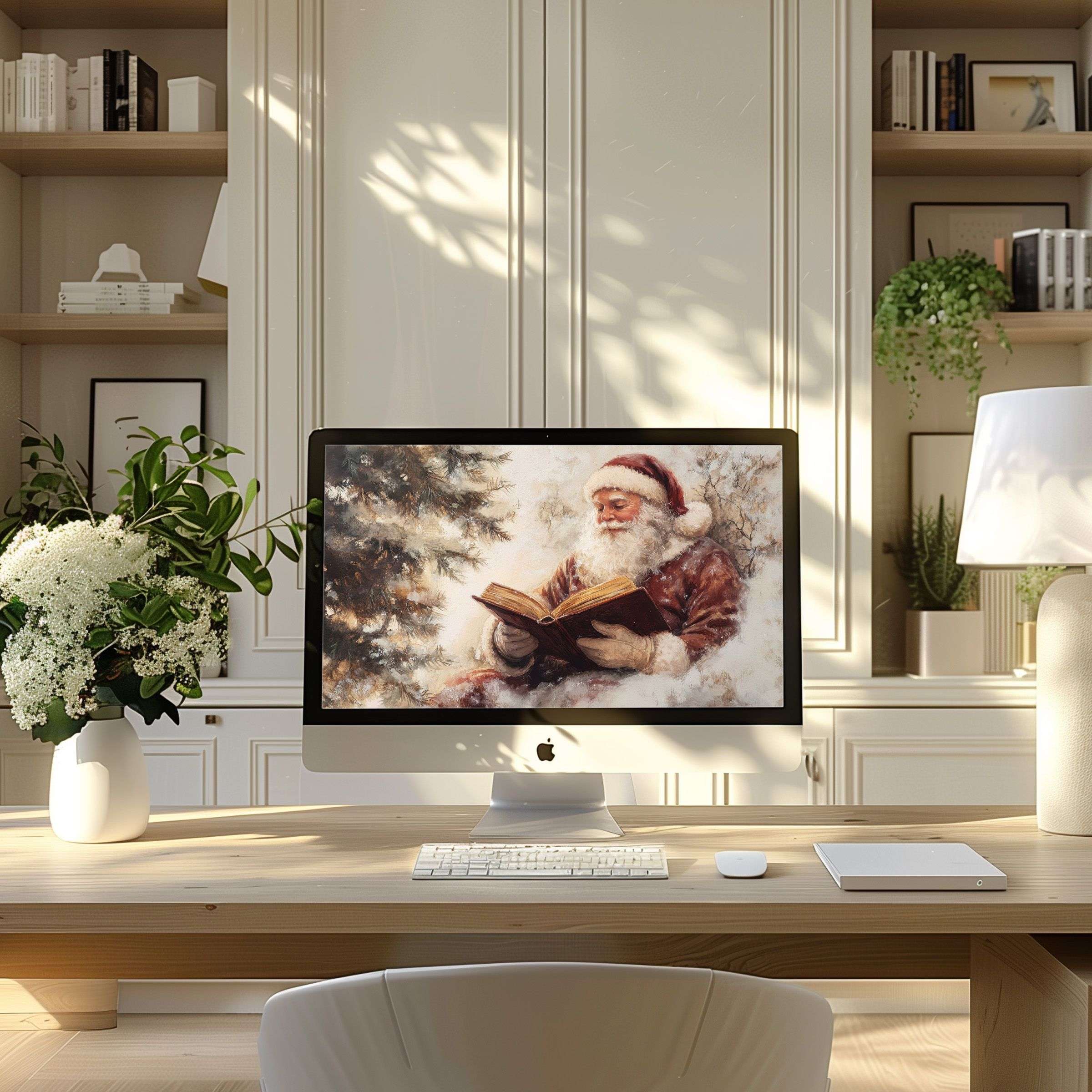 Cozy Santa art wallpaper for computer brings elegance and calm to any PC or laptop ideal for inspiring modern home offices