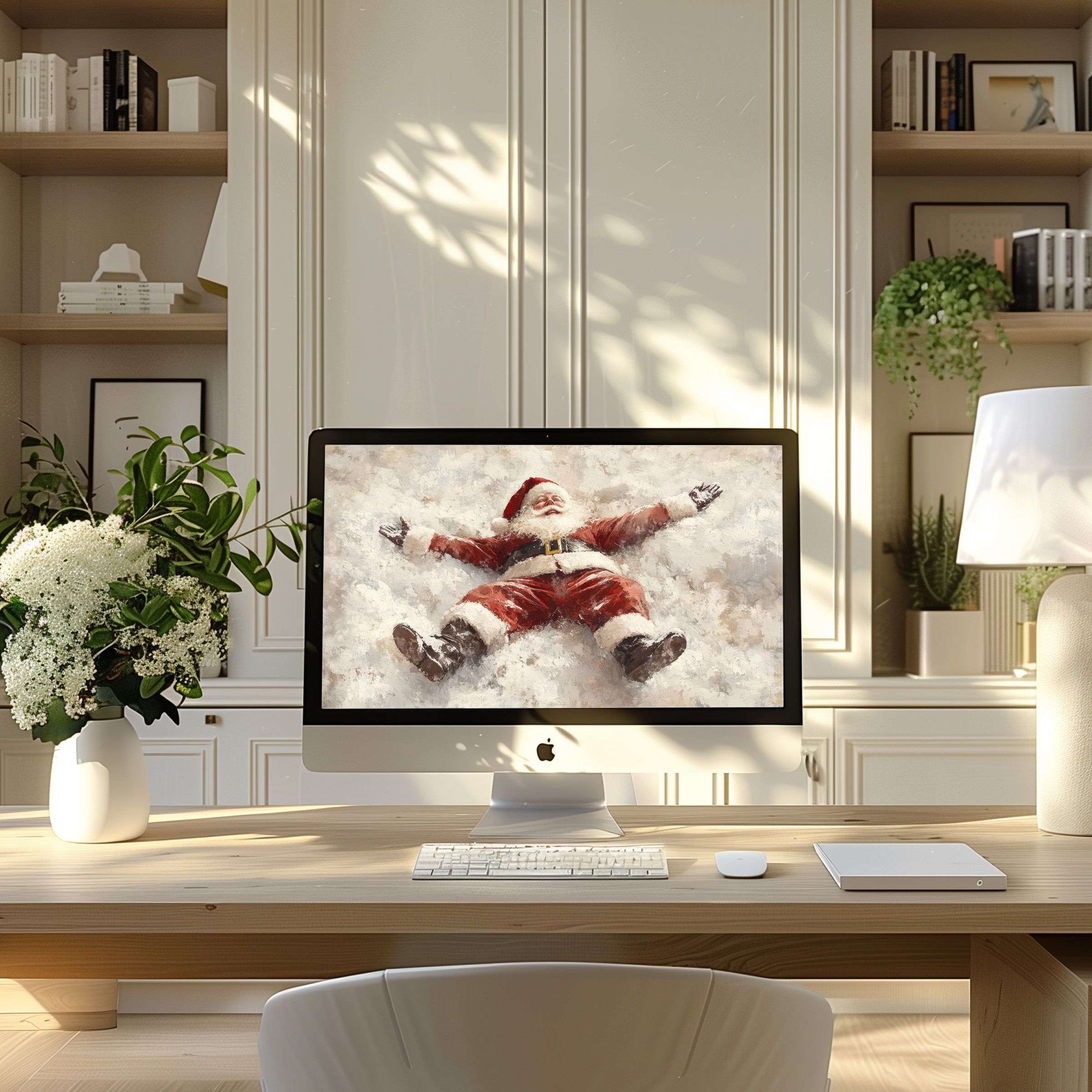 Elegant Santa-themed digital wallpaper for computer inspires calm in modern home office, perfect for PC, laptop, and digital download
