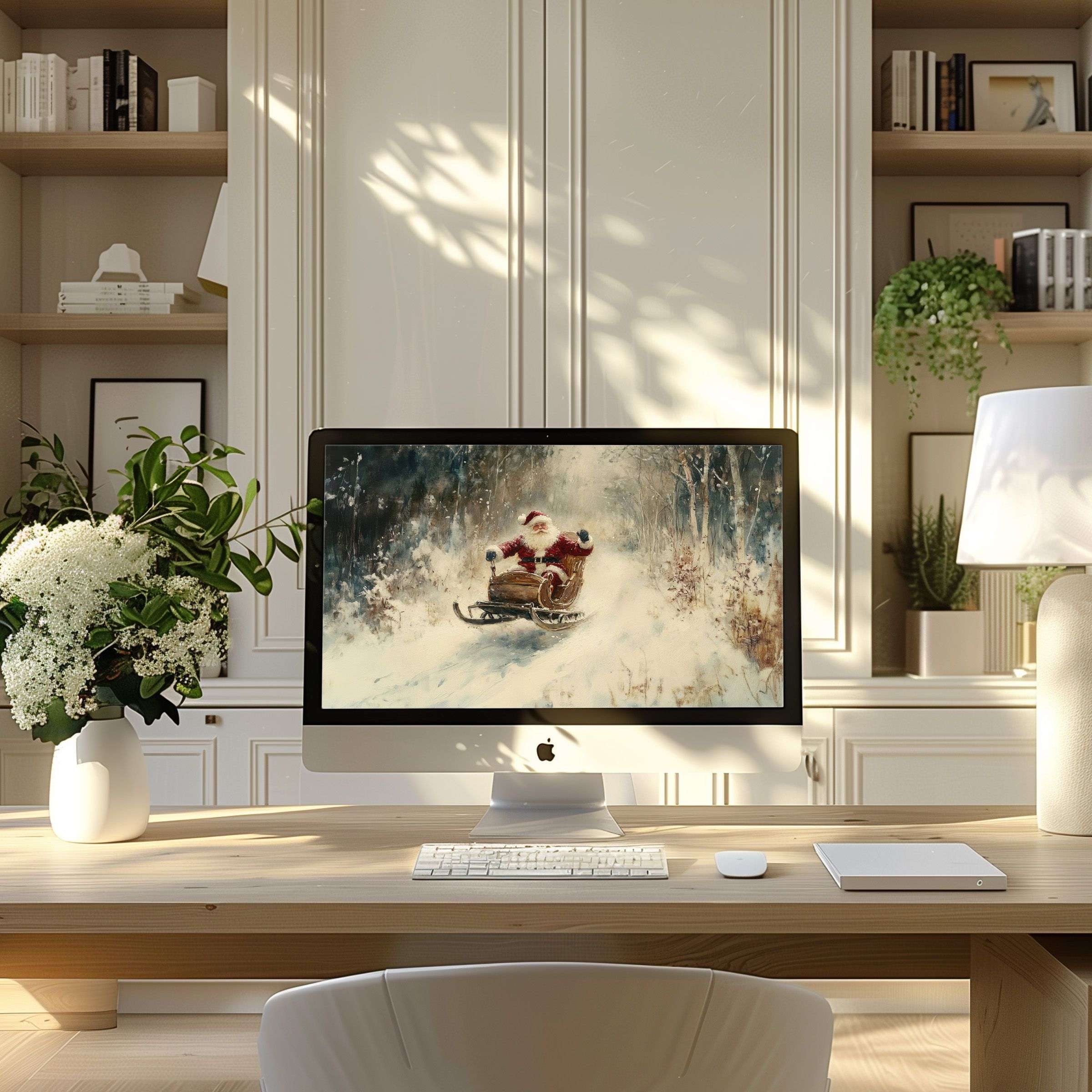 Calm digital art with Santa sleigh in snow as wallpaper for computer, PC, or laptop in modern home office setting