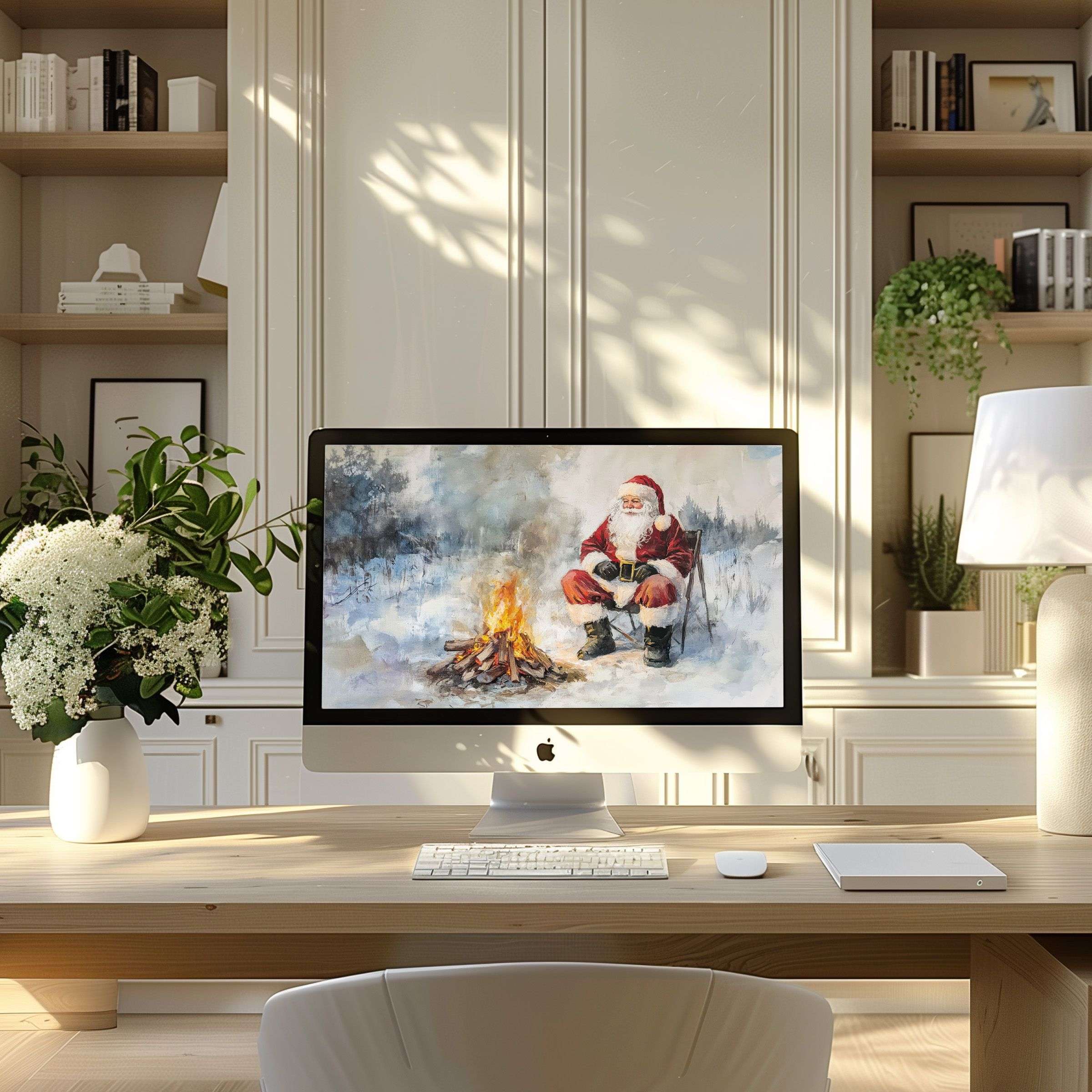 Elegant digital art with Santa by a fire offers calm inspiration; perfect wallpaper for computer, PC, laptop in modern home office