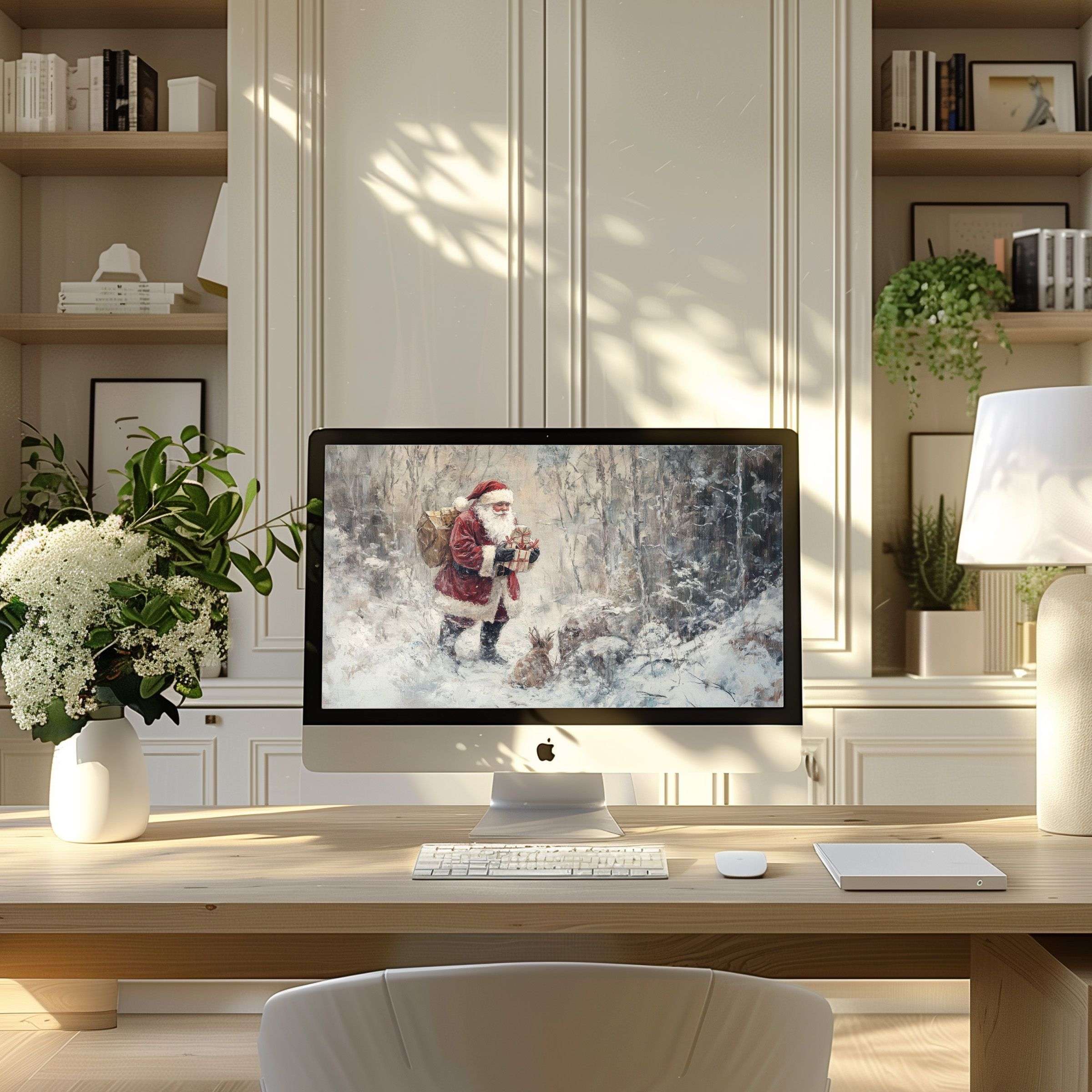 Elegant wallpaper for computer showing a snowy scene with Santa, perfect for PC or laptop, inspiring calm in modern home offices
