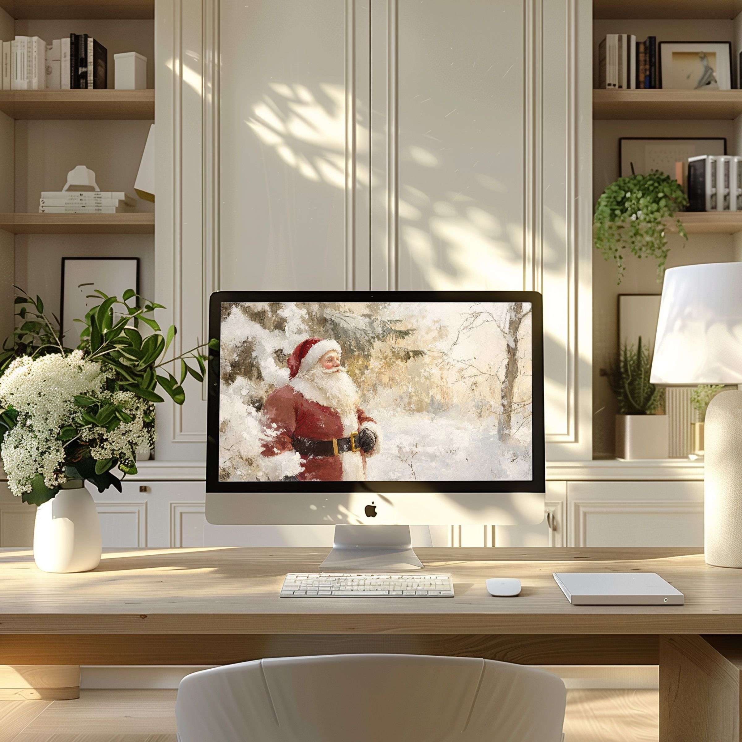 Elegant winter Santa art wallpaper for computer creating a serene workspace on PC or laptop fits ultrawide digital download