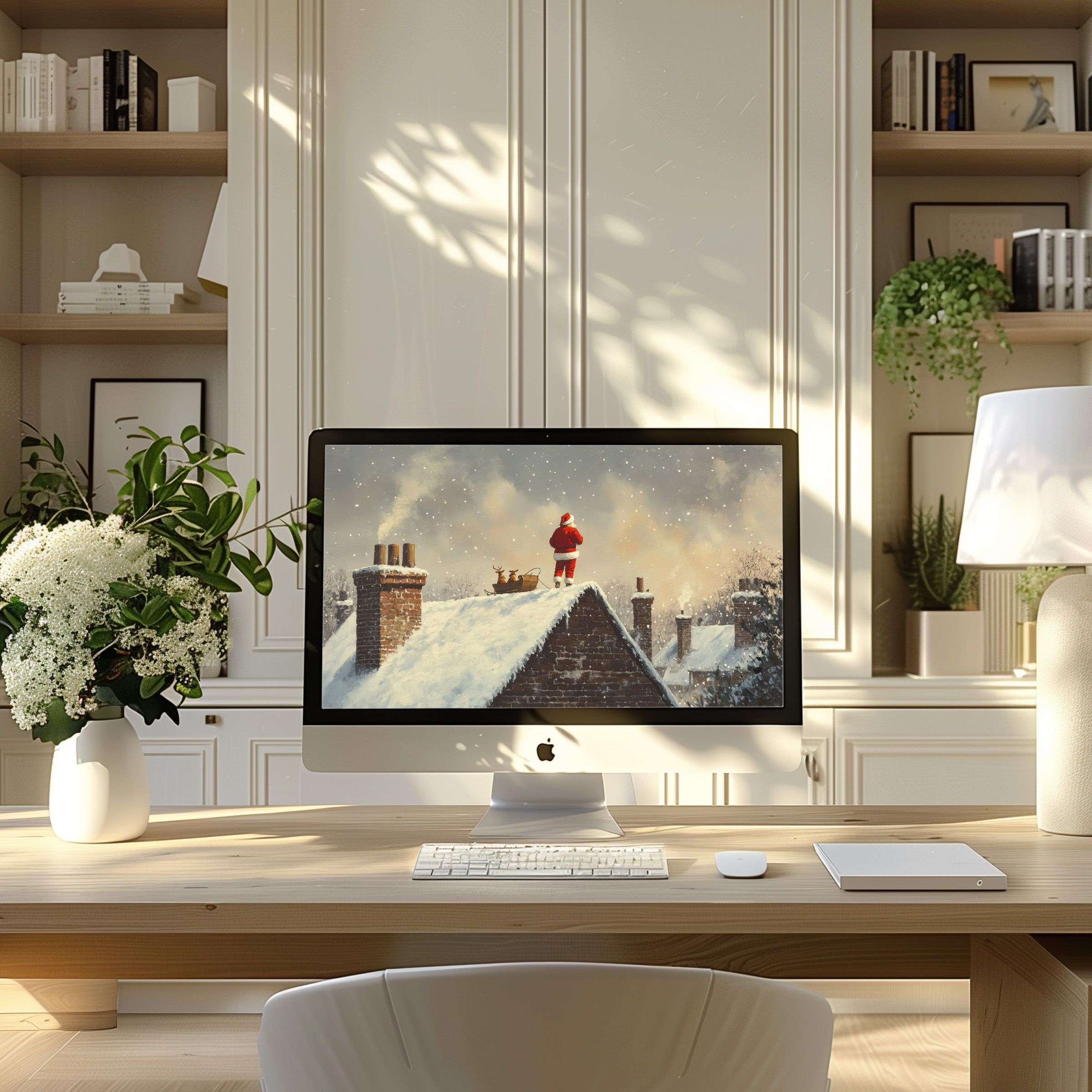 Inspire calm with a snowy rooftop scene wallpaper for computer on your PC or laptop, perfect for modern home office elegance