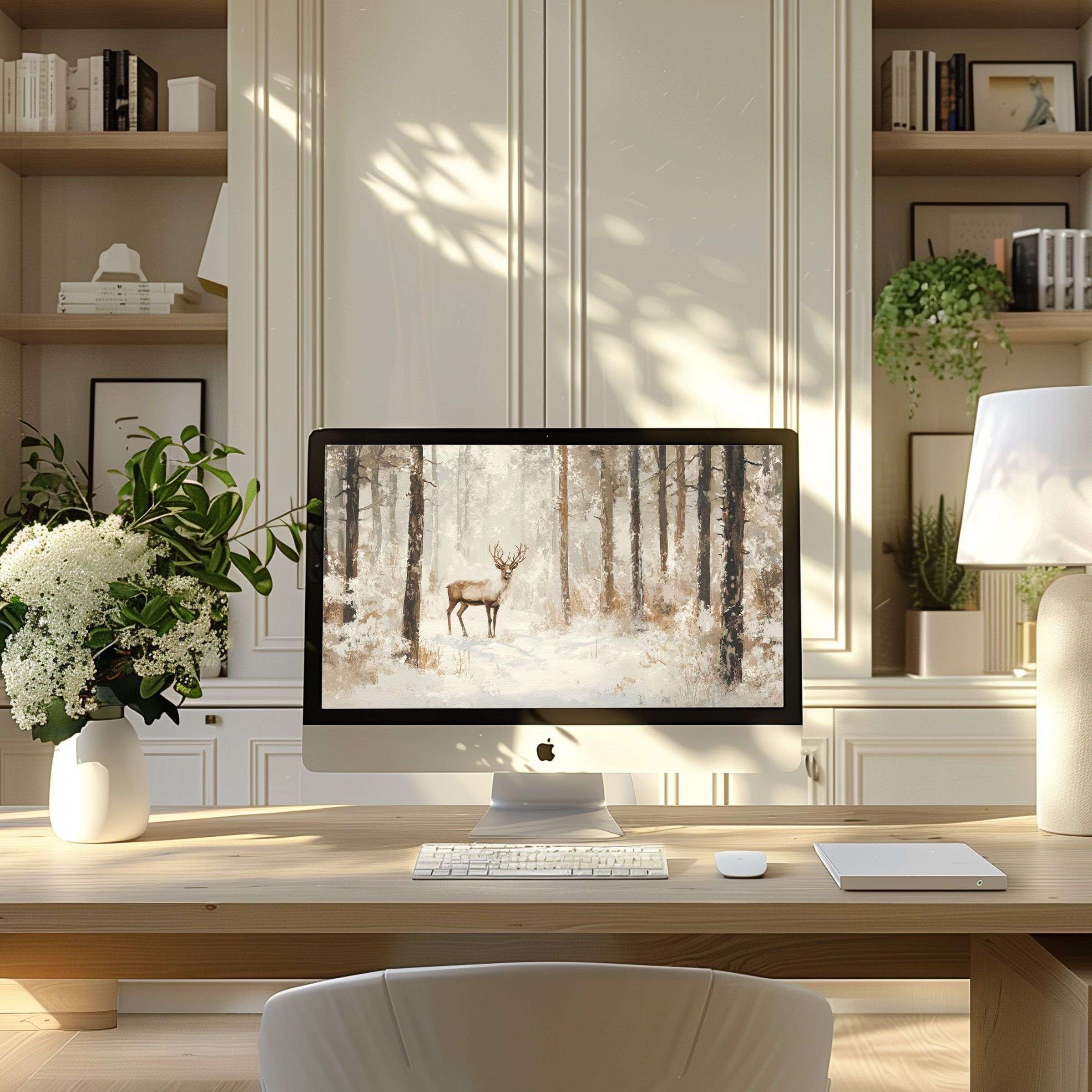 Elegant forest scene wallpaper for computer brings calm inspiration to PC and laptop in a modern, serene home office setting