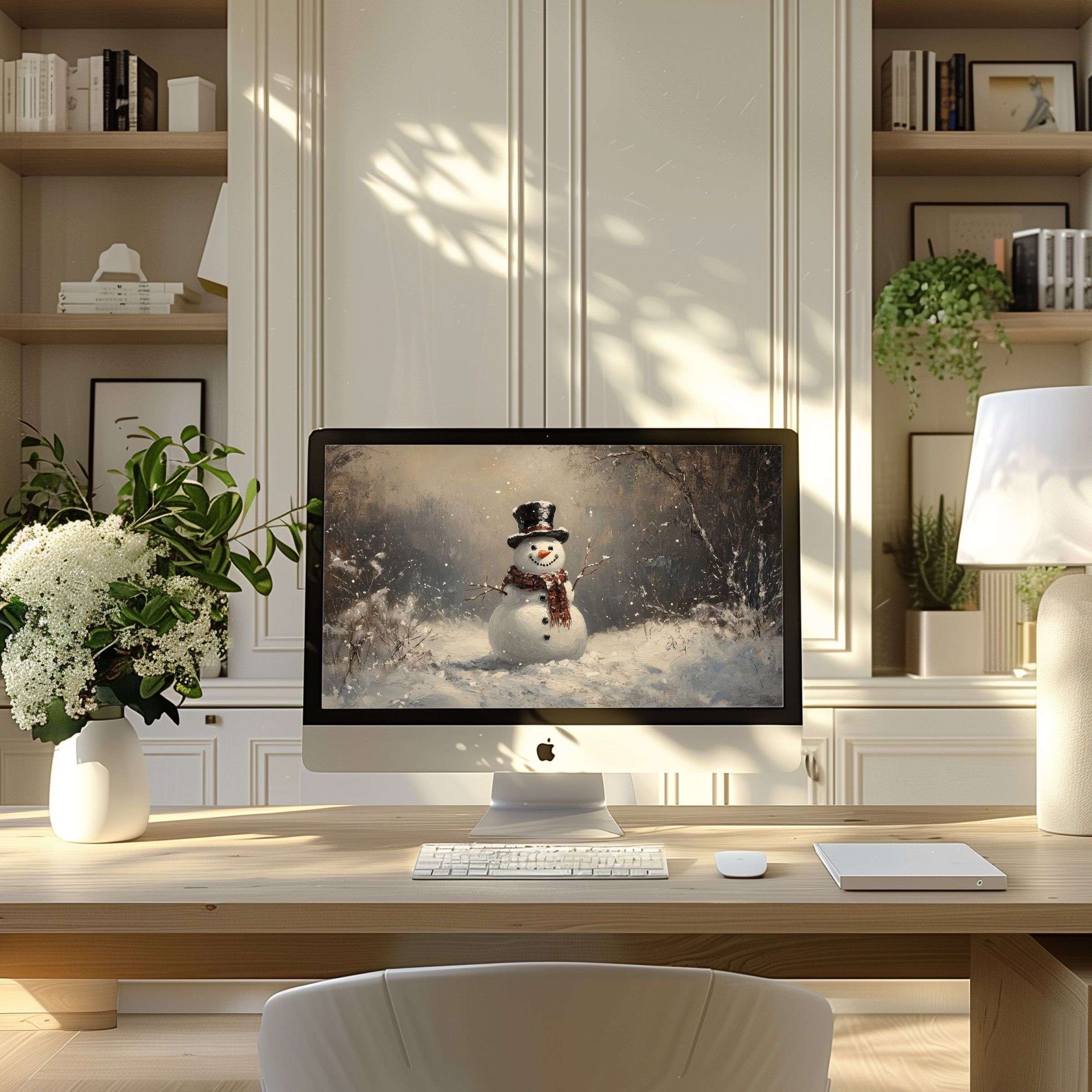 Snowman art wallpaper for computer, PC, and laptop in elegant home office inspires calm and elegance; digital download fits all screens