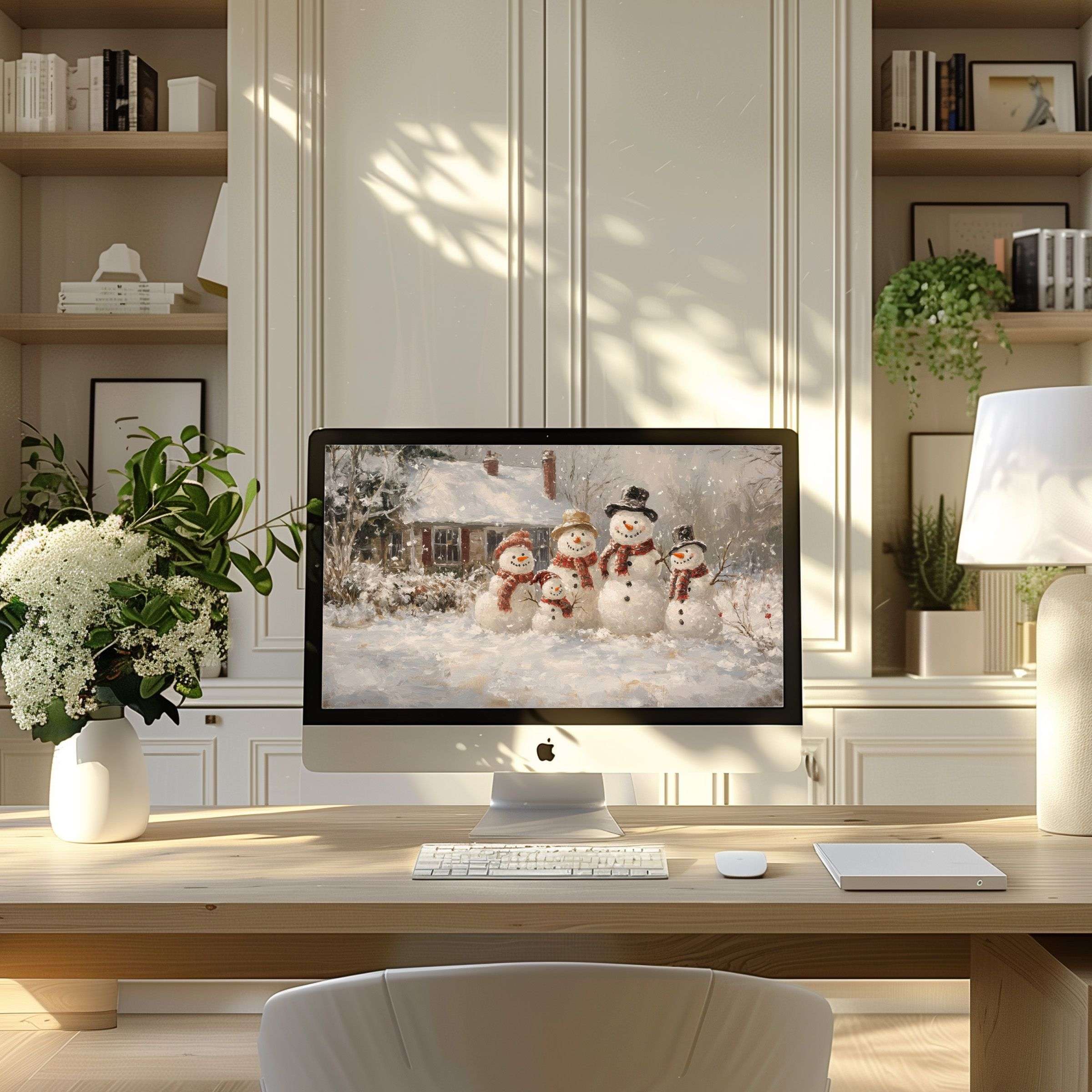 Cozy winter scene wallpaper for computer inspires calm in a modern home office setup, ideal for PC, laptop, and ultrawide displays