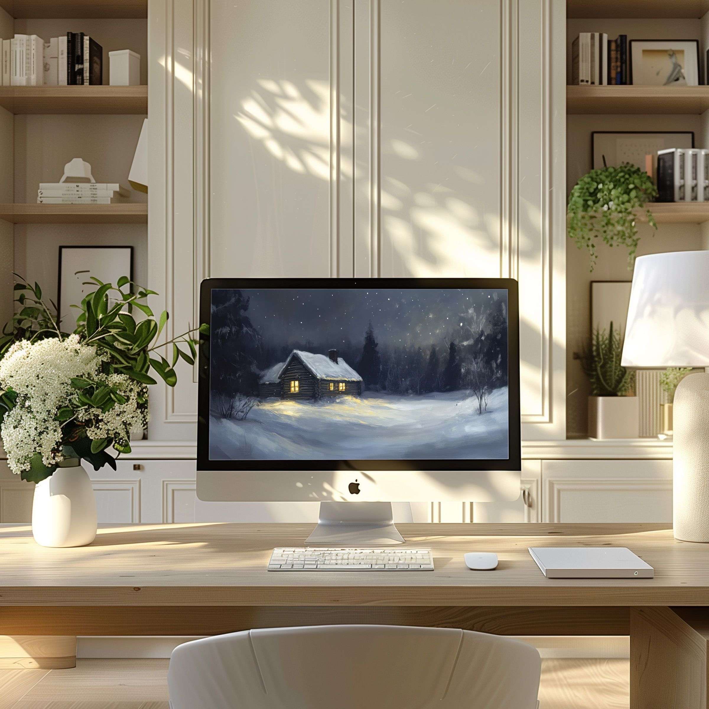 Serene winter cabin wallpaper for computer creates elegant calm in modern home office fits PC laptop ultrawide download