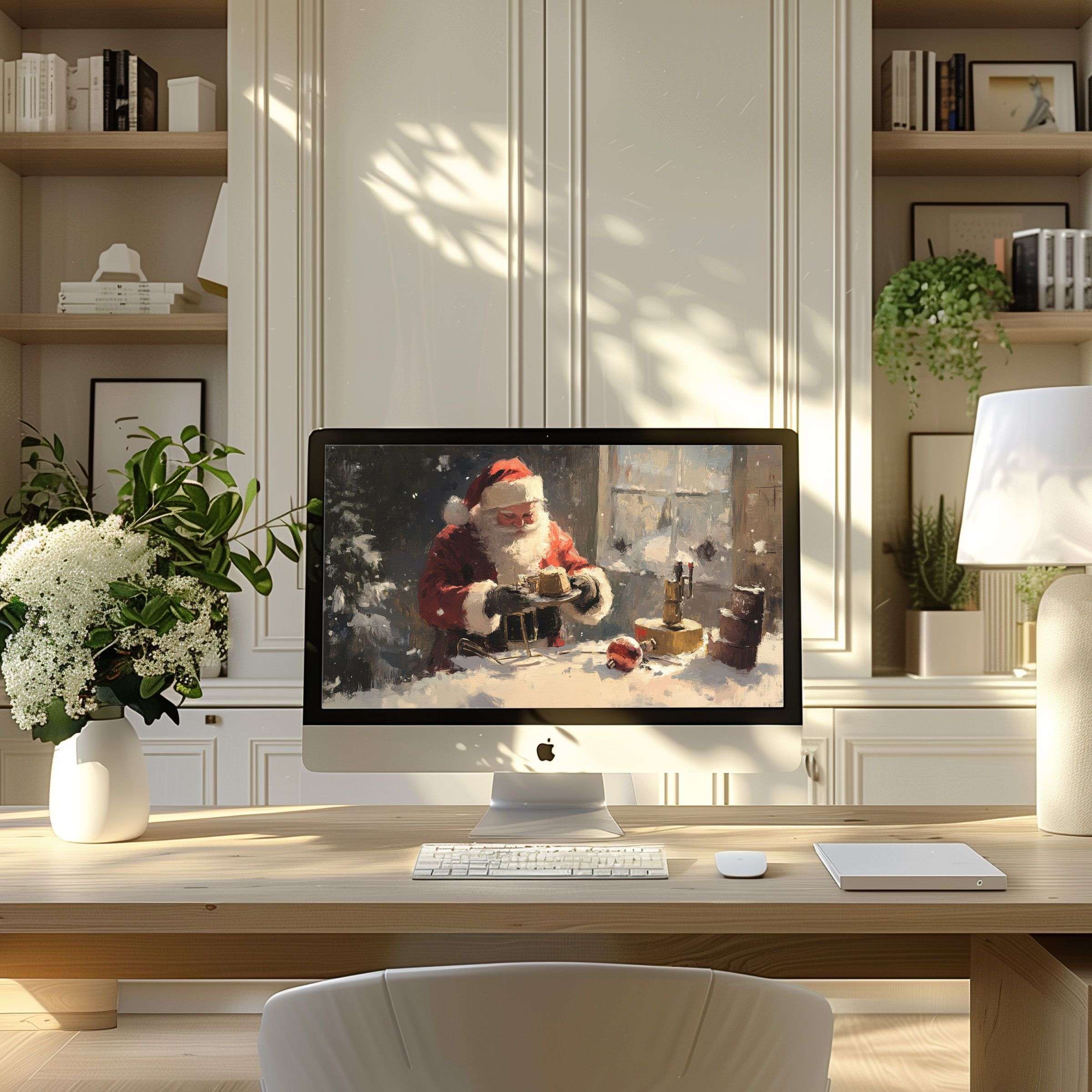 Elegant Santa digital art wallpaper for computer in modern home office setting inspires calm and fits PC, Laptop download