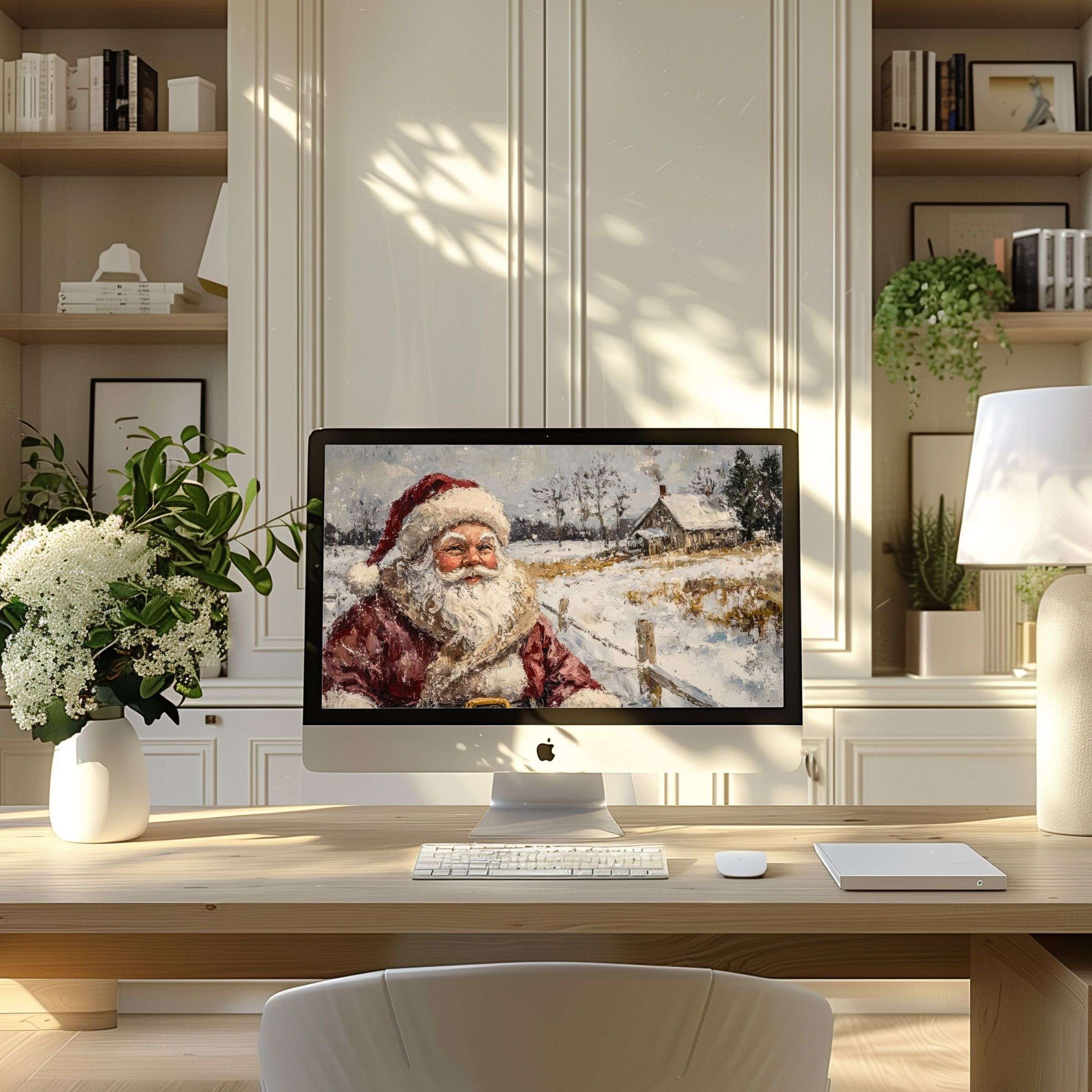 Elegant digital Santa painting as a calming wallpaper for computer in a modern home office fits PC, laptop, ultrawide screens
