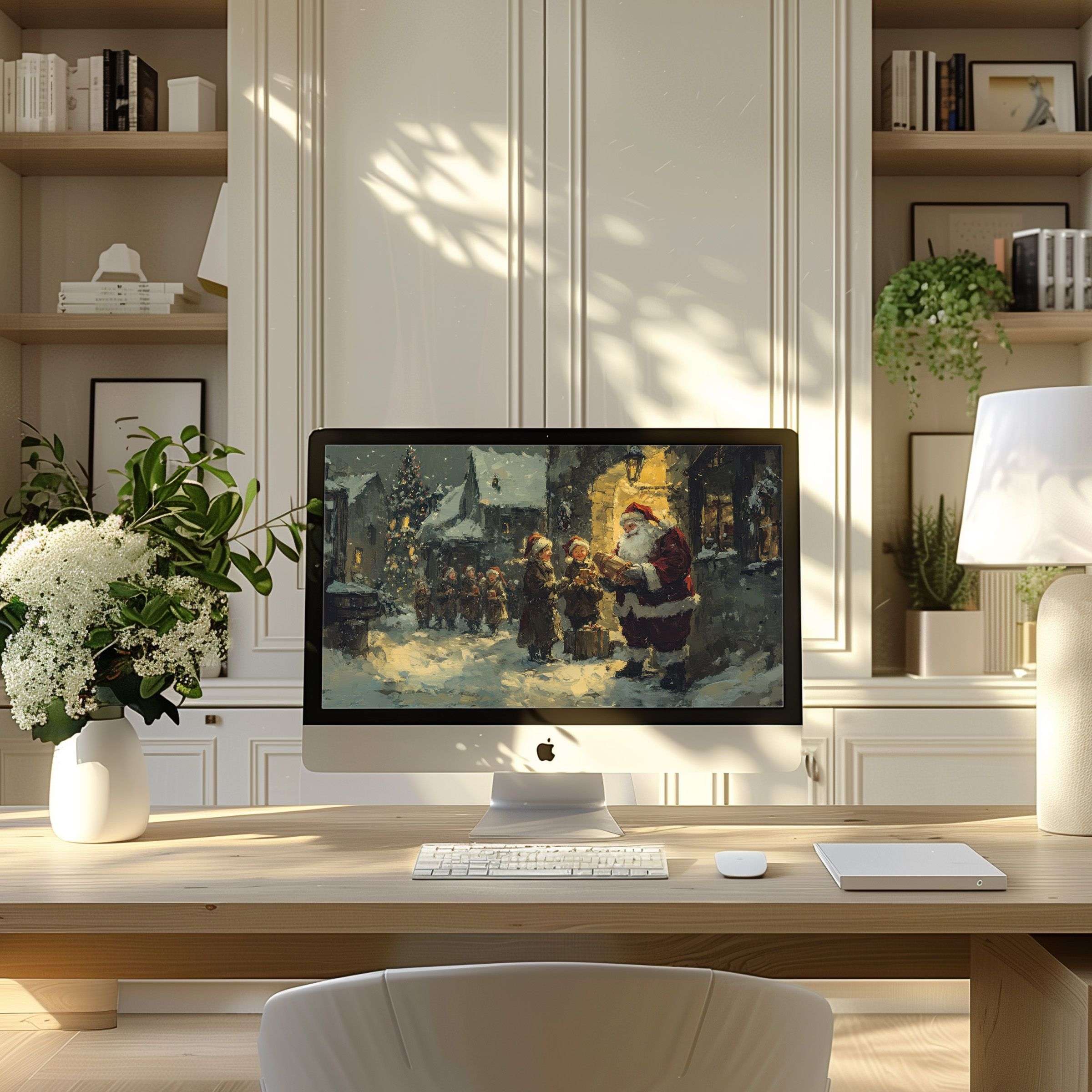 Elegant snowy village scene as wallpaper for computer offering calm inspiration for PC or laptop in modern home office ambiance