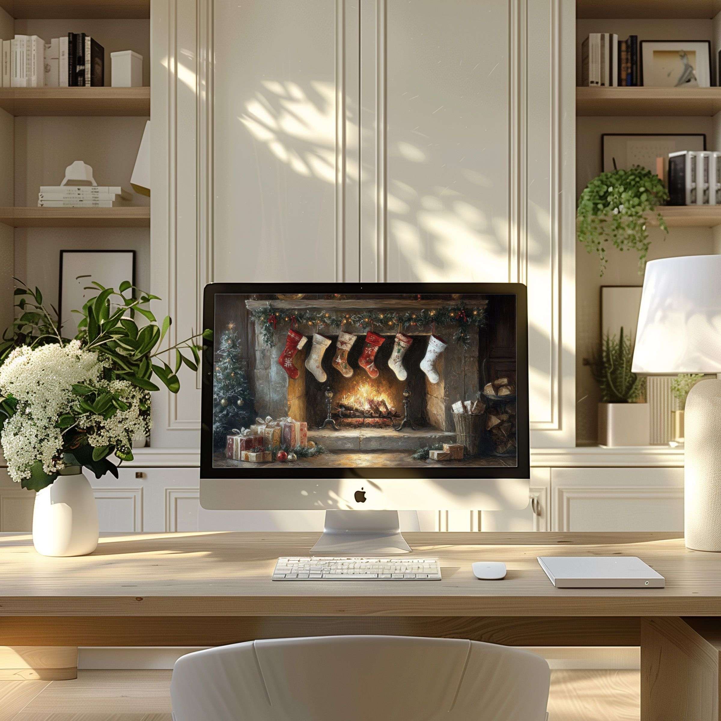 Elegant Christmas-themed wallpaper for computer, PC, and laptop in a modern home office setting, inspiring calm and creativity