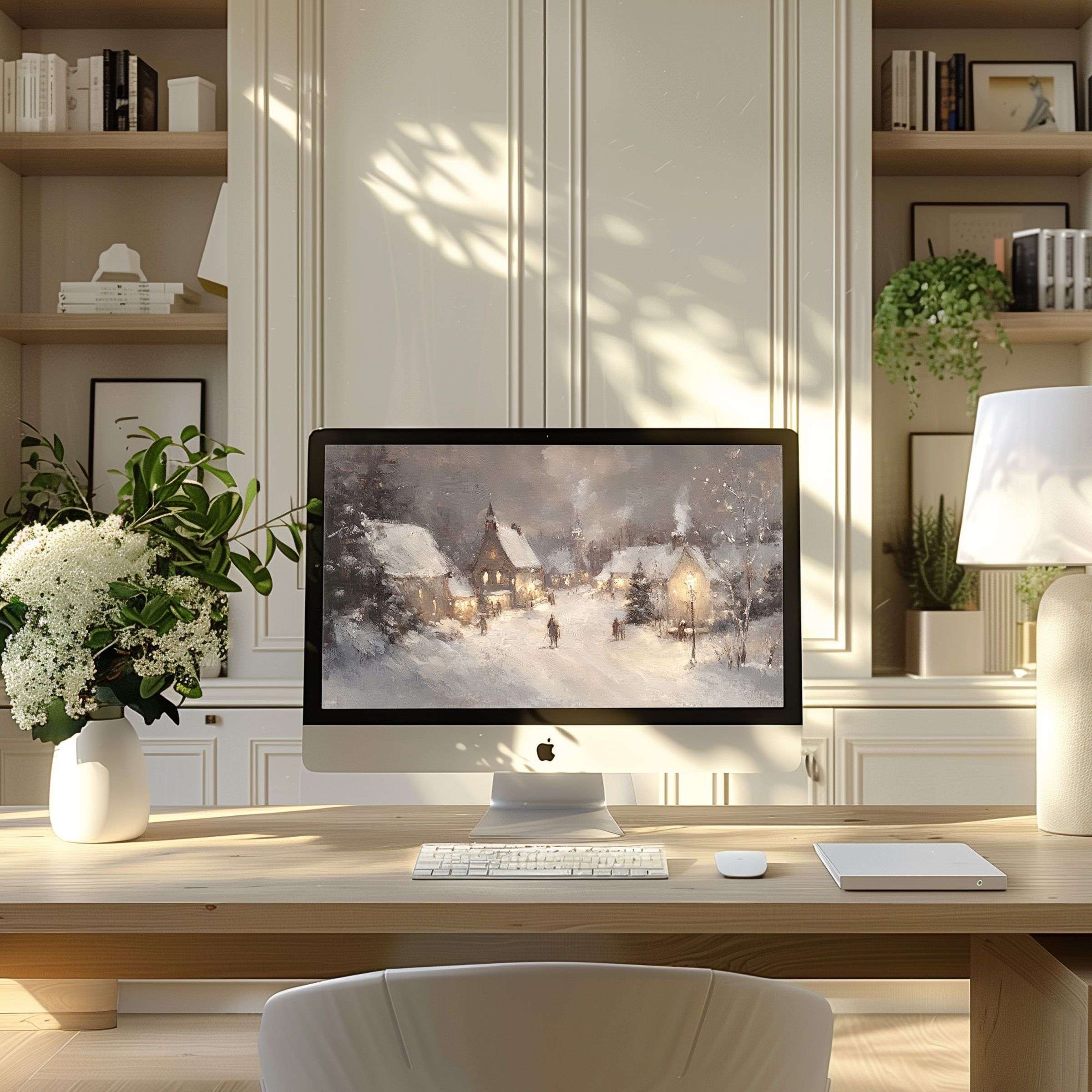 Cozy winter village digital art wallpaper for computer provides calm elegance and inspiration for your PC or laptop in a modern home office