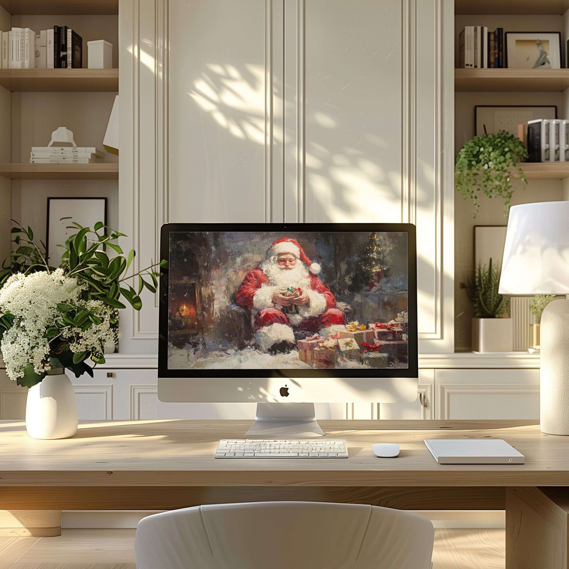 Elegant Santa Claus digital art adds calm inspiration to modern home office, ideal wallpaper for computer, PC, or laptop download