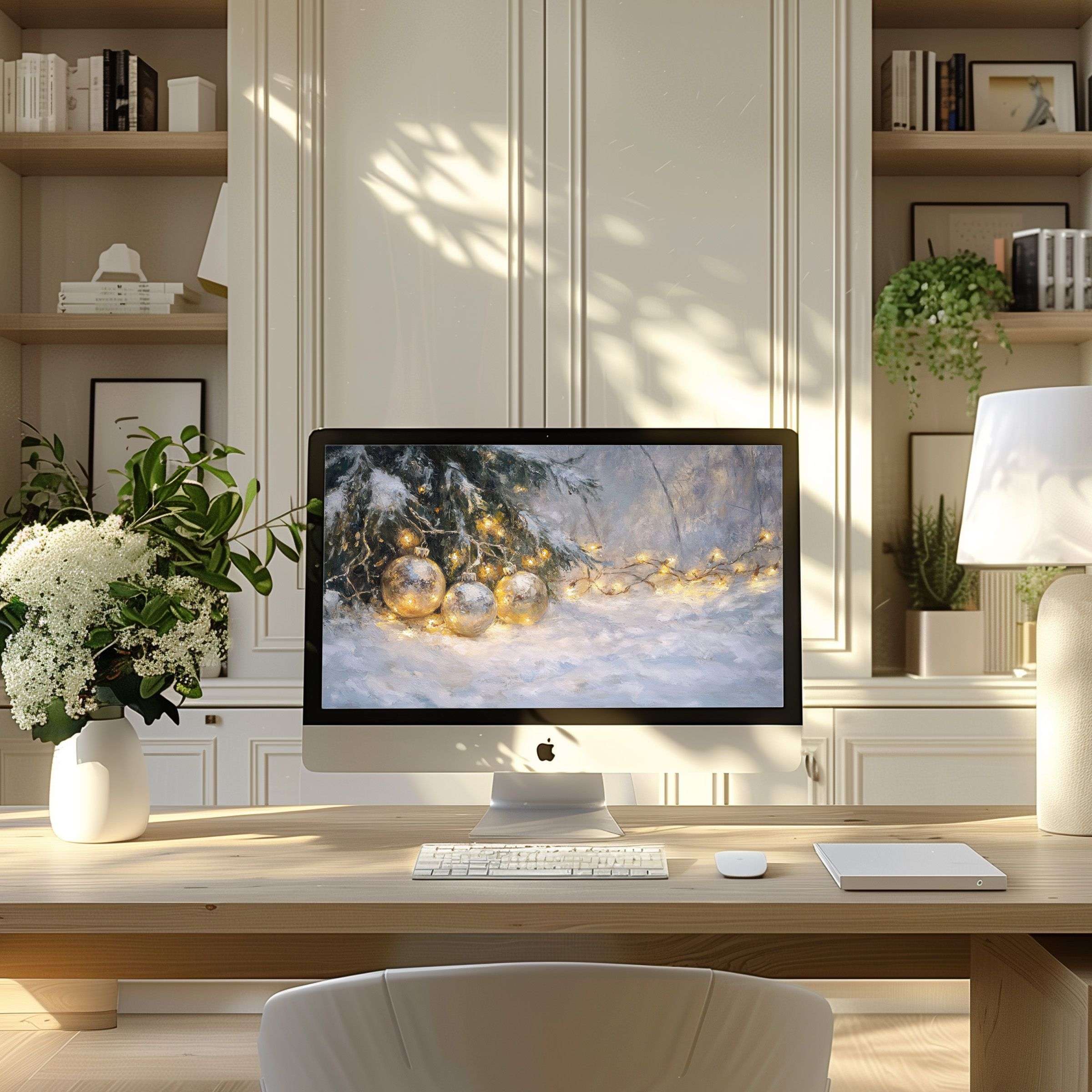 Winter scene wallpaper for computer enhances modern home office elegance on PC or laptop; calming digital download fits ultrawide