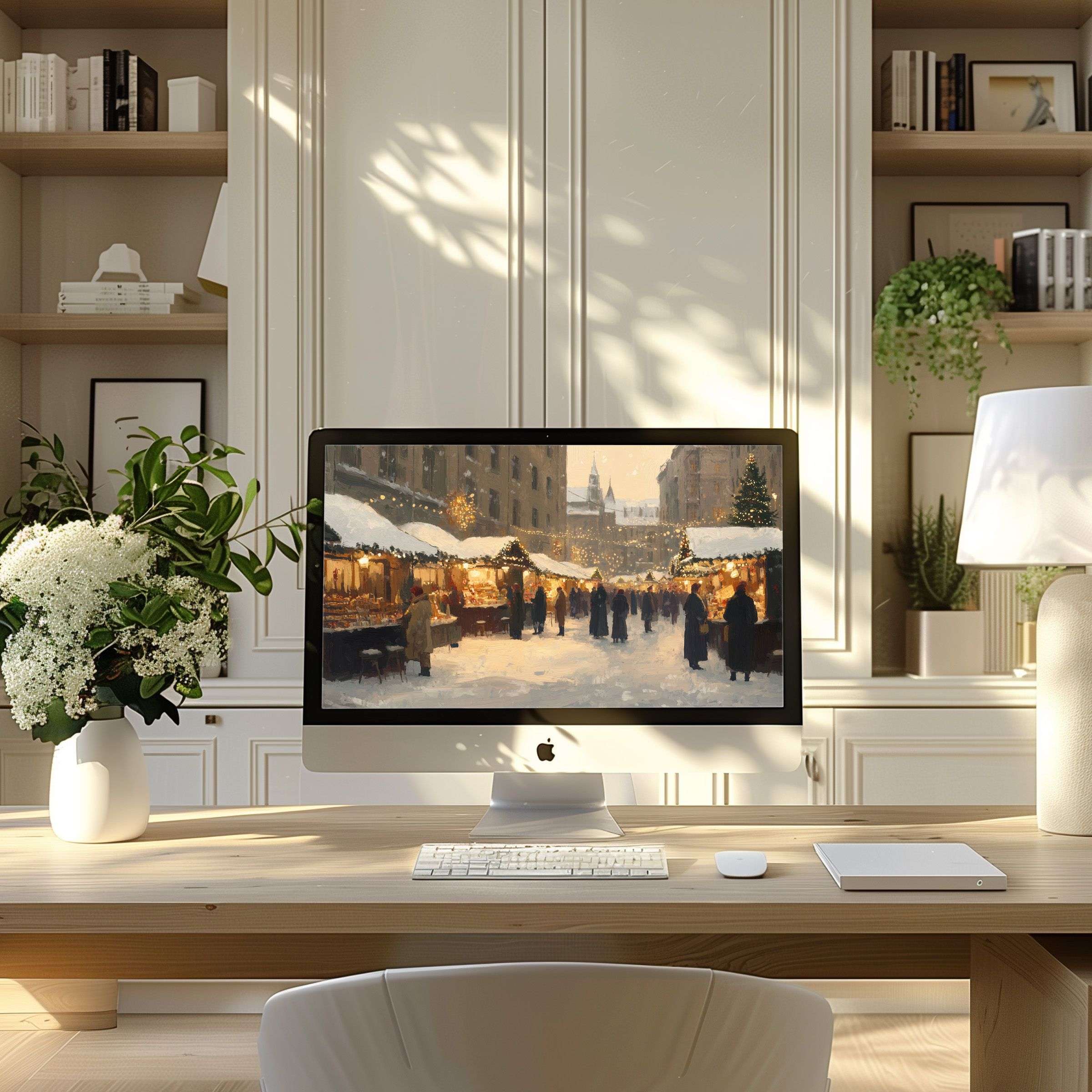 Elegant winter market artwork as a wallpaper for computer or PC beautifully complements a modern home office with laptop setup