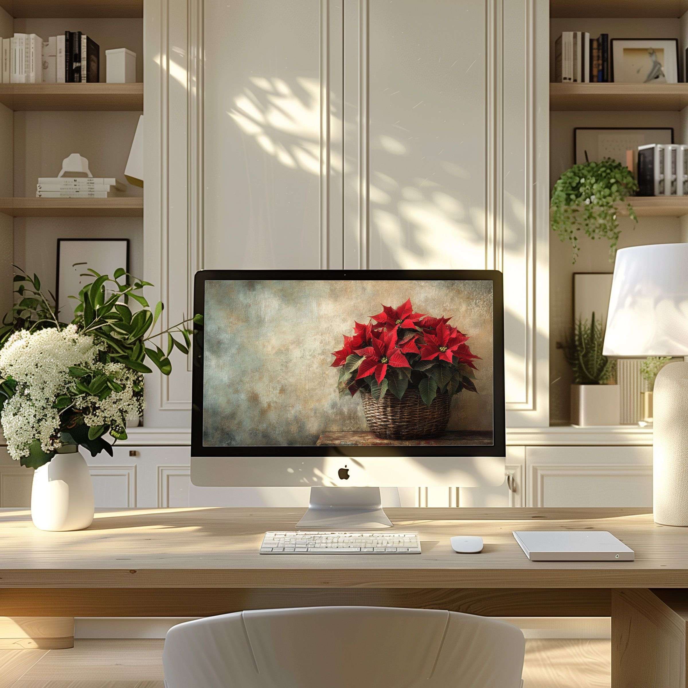 Elegant poinsettia artwork creates a calming wallpaper for computer, enhancing any modern home office PC or laptop setup