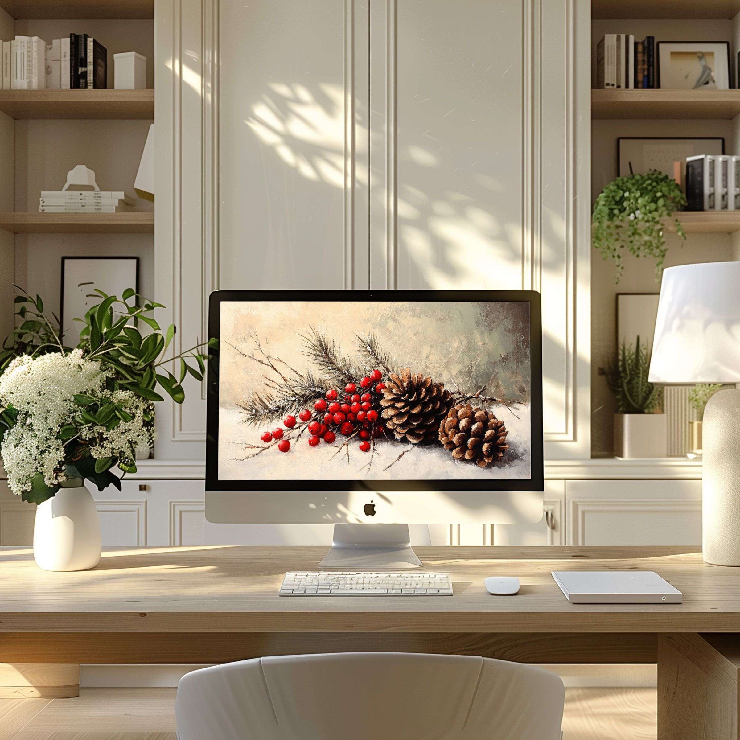 Elegant digital artwork wallpaper for computer featuring pine cones and berries brings calm inspiration to any PC or laptop setup