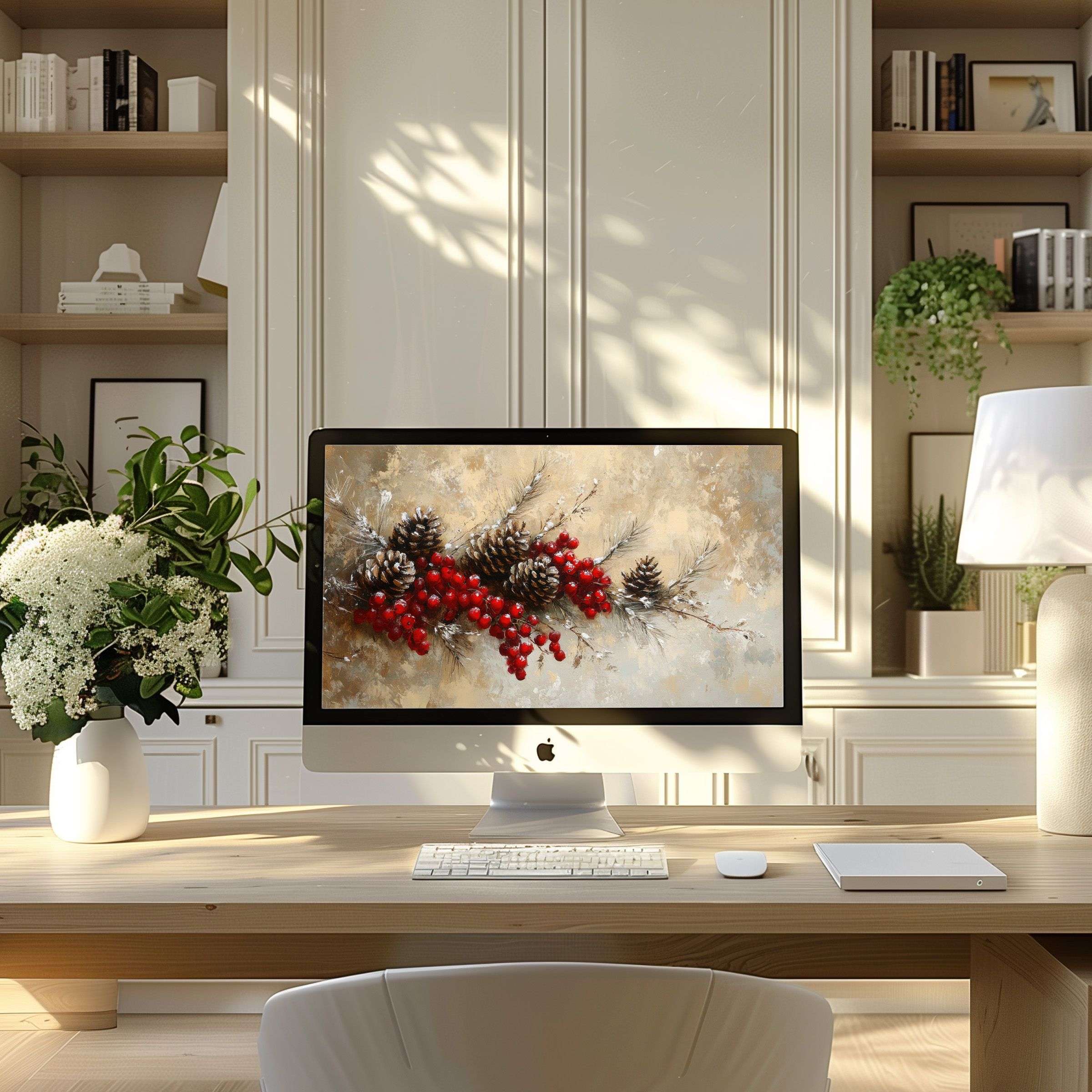 Elegant digital art wallpaper for computer displaying berries and pinecones enhances PC and laptop with calm inspiration in home office
