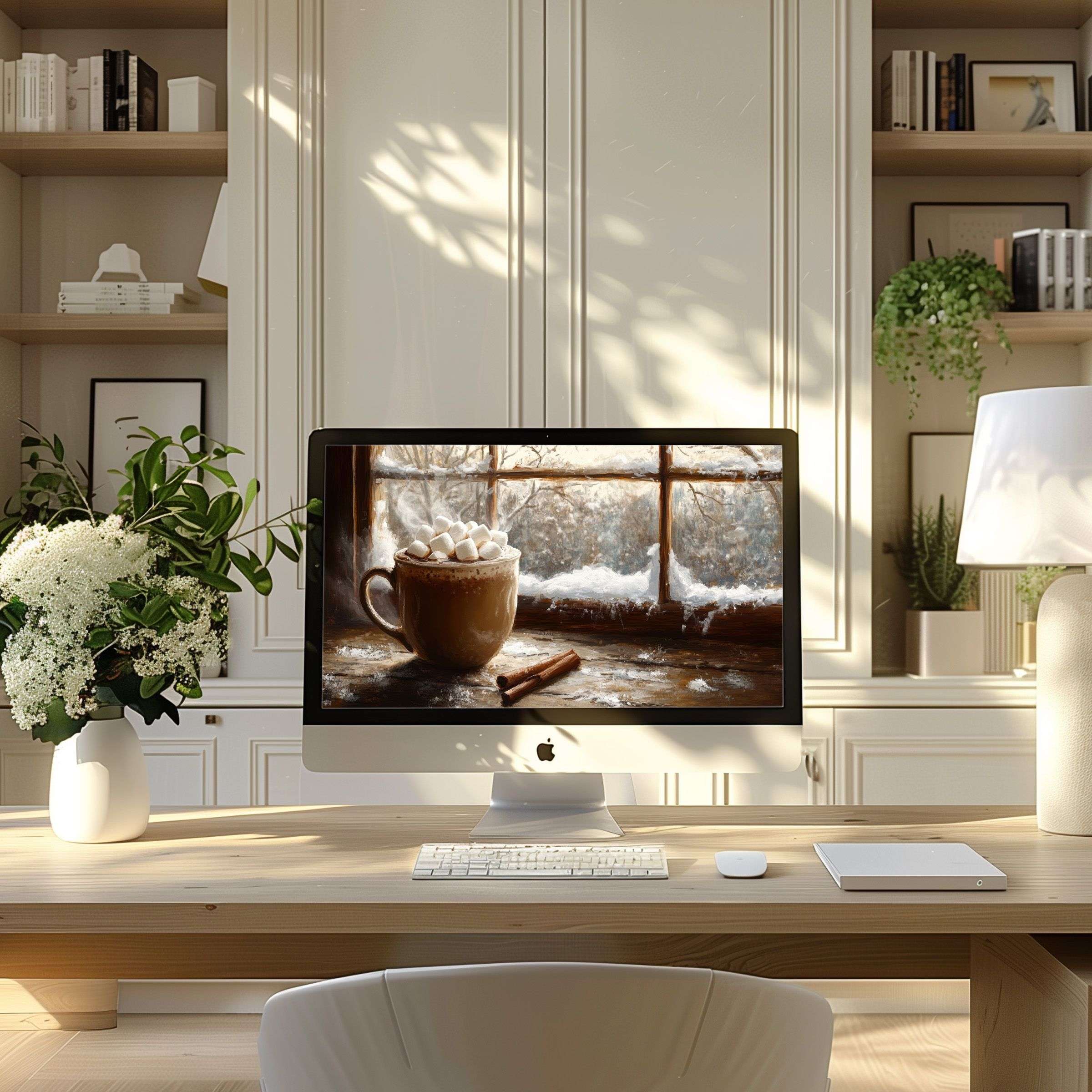 Soothing cocoa art wallpaper for computer elevates modern home office ambiance, perfectly fitting PC and laptop for ultimate inspiration